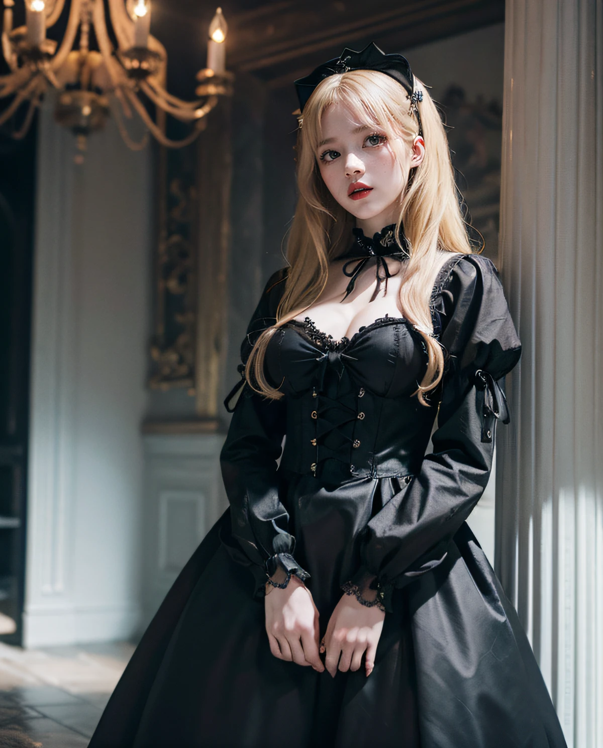 1girl, (Red eyes), pale skin, red lips, seductive face, (Sana Minatozaki), wide hips, Big Boobs, big ass, (Best Quality, 8k, Masterpiece: 1.3), Clear Focus: 1.2, Perfect Body Beauty: 1.4, Slender Abs: 1.2, Highly detailed face and skin texture, detailed eyes, double eyelids, (blonde long hair), (gothic lolita dress :1.3), standing in an abandoned castle at night, chandeliers cobwebs and skulls in the background, deep of field