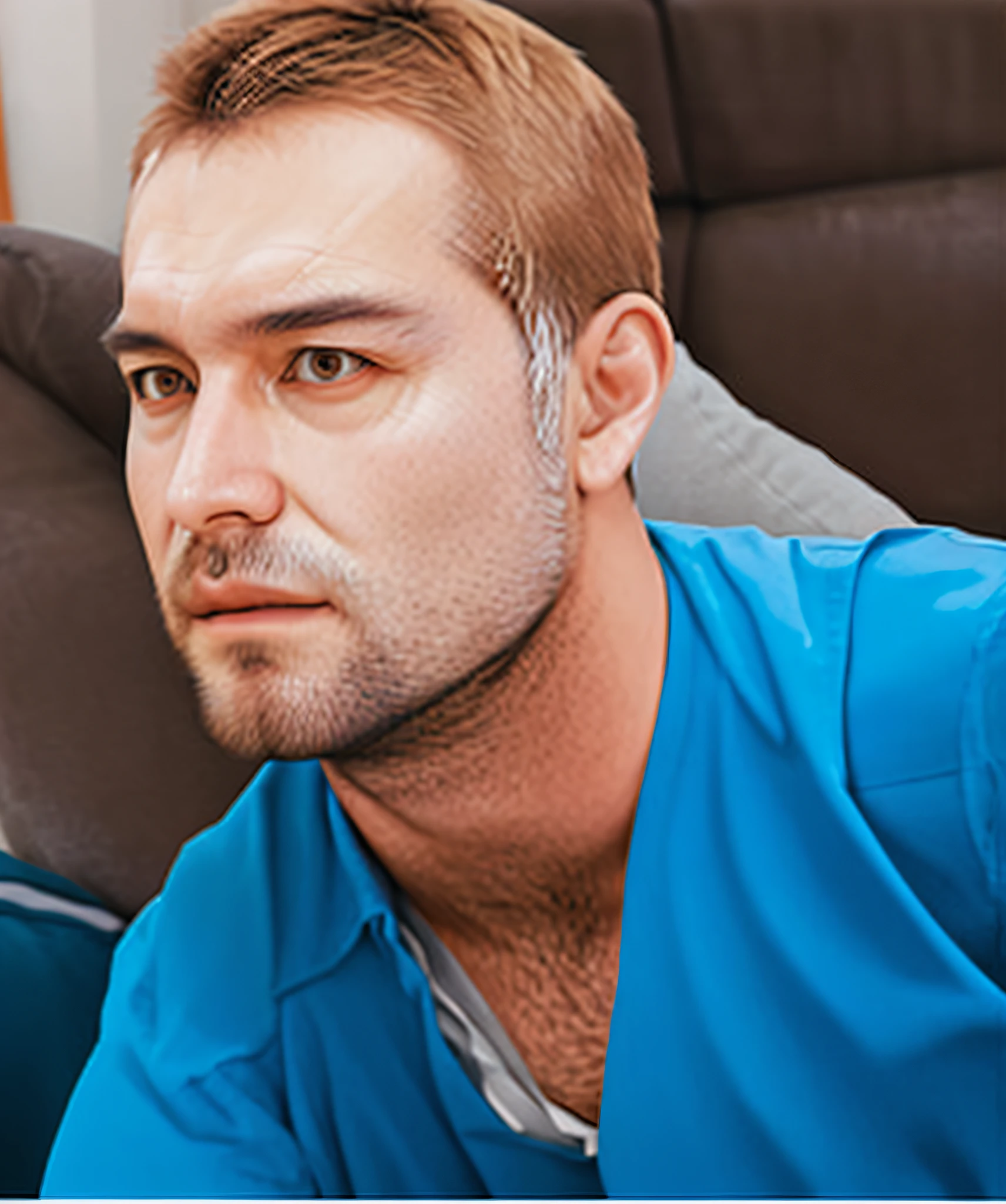 there is a man sitting on a couch with a remote control, Greg Ruggowski, Marcin Rubinkowski, Michal Lisowski, Alexey Gurylev, Danila Tkachenko, Ivan Laliashvili, Maxim Shirkov, Bogdan Rezunenko, surgeon, Anton Fedeev, Daniil Kudriavtsev