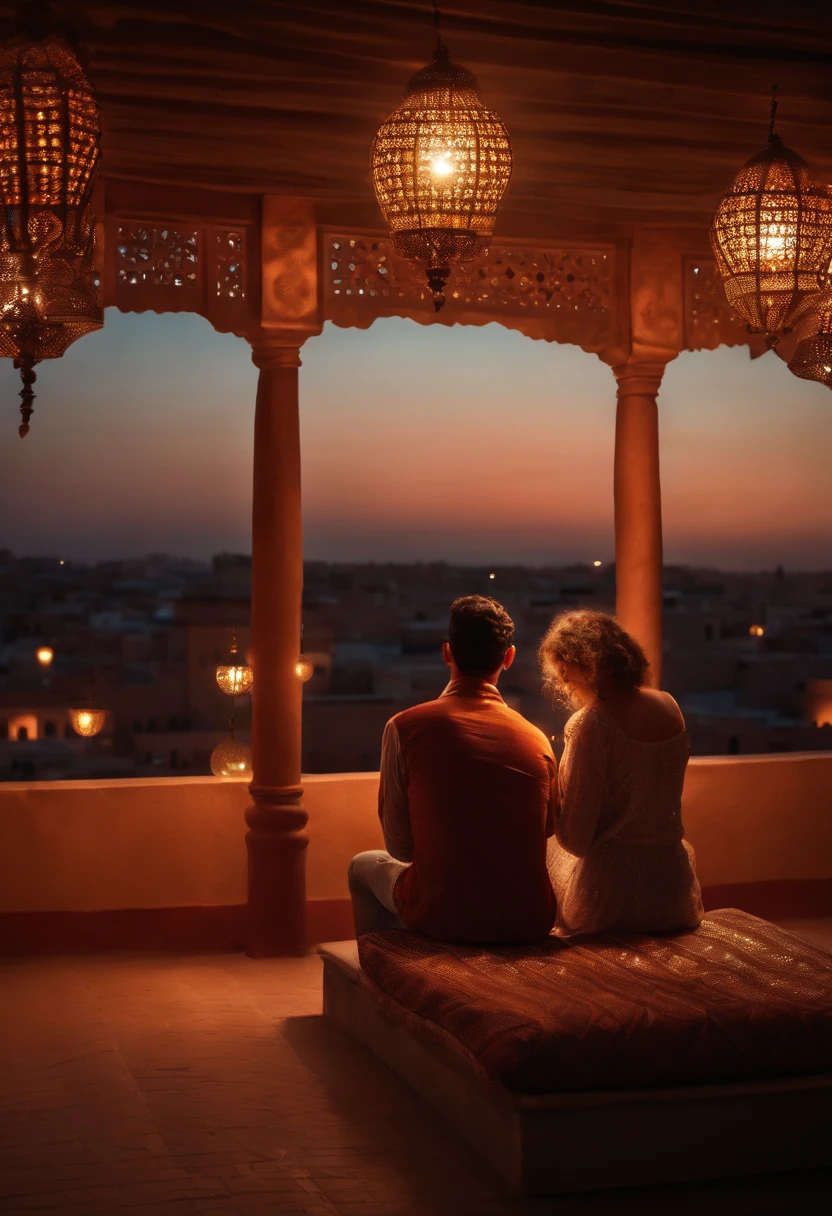 hyper realistic photo, ultra detailed photograph of a beautiful Moroccan rooftop, (one young man and one woman from behind), face hidden, towards view, praying together, male and female, photorealistic, riad rooftop, Amazigh pillows, Marrakech view, sweet sunset, shimmering stars, iridescent, hyperrealism, moroccan lamps, Ultra photoreal, Intricate details, Ultra detailed, photorealistic, great high details, hyper real photo, 8k, extreme quality, gorgeous roses, exotic, glimmering lights, magical, romantic, wishing, sheer curtains