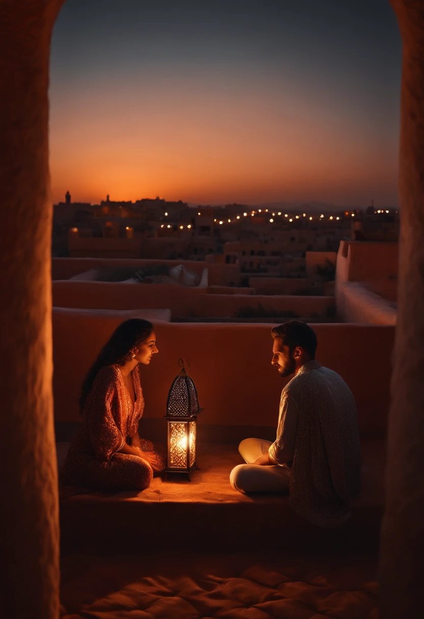 hyper realistic photo, ultra detailed photograph of a beautiful Moroccan rooftop, (one young man and one woman from behind), face hidden, towards view, praying together, male and female, photorealistic, riad rooftop, Amazigh pillows, Marrakech view, sweet sunset, shimmering stars, iridescent, hyperrealism, moroccan lamps, Ultra photoreal, Intricate details, Ultra detailed, photorealistic, great high details, hyper real photo, 8k, extreme quality, gorgeous roses, exotic, glimmering lights, magical, romantic, wishing, sheer curtains