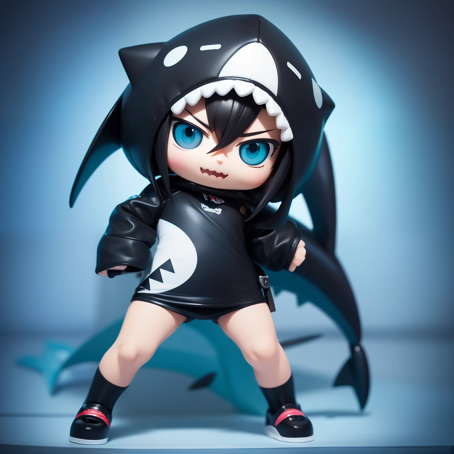 Chibi, shark, Cute, Blue,Shark Hat, actionpose, Black Hair Bob, Sauce order,Shark Suit, Big Badejo, Full body, masutepiece, 3D Rendering, Best Quality, Lots of detail, (Plain background), vinyl toy figurine