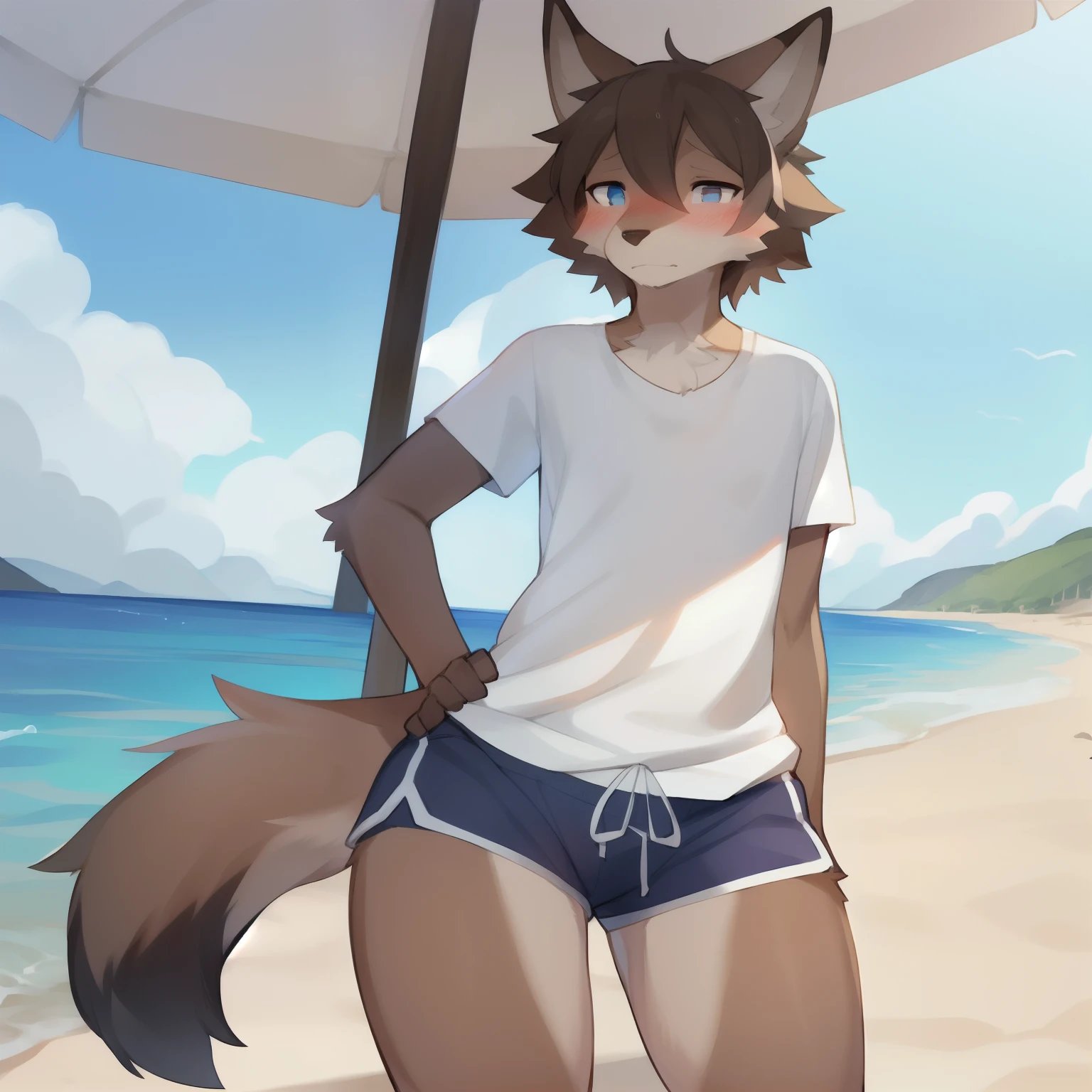 Meow Skulls, calico cat, yellow eyes, narrowed eyes, pink nose, body fur, small breasts, ((black hat, black shirt, one shoulder, midriff, gray shorts)), detailed body fur, detailed face, detailed eyes, glistering body, shiny body, gorgeous body, masterpiece, full body, feets with three toes, 3 toes, sit on beach chair, beach, clear sky, full body, :3, skinny,