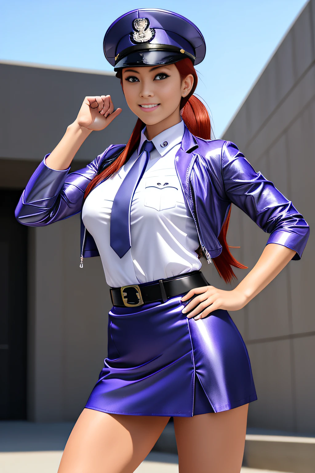 One Air Force officer in Alafe's uniform、Big breasts about to burst、thin and long legs,、Redhead blue eyes、Pony tail、Fitness Model、musculature、abdominals、Metallic Purple Jacket、Metallic purple tight skirt、Metallic White Shirt、breasts pocket、hatting、a belt、neck tie、Five-fingered、glistning skin、Cool smile、Pose ready to fight