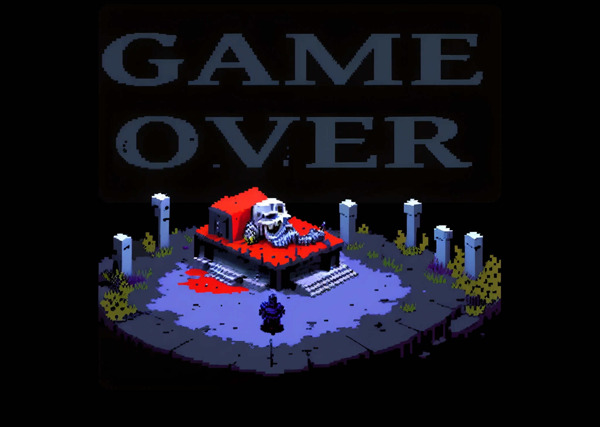 pitch black background, (dead wounded knight: 1.3), dripping red paint, gore, skeleton, grave marker, pixel game scene, game over, 8-bit video game, detailed pixel game, complex Detail, highest quality, Highest resolution video games