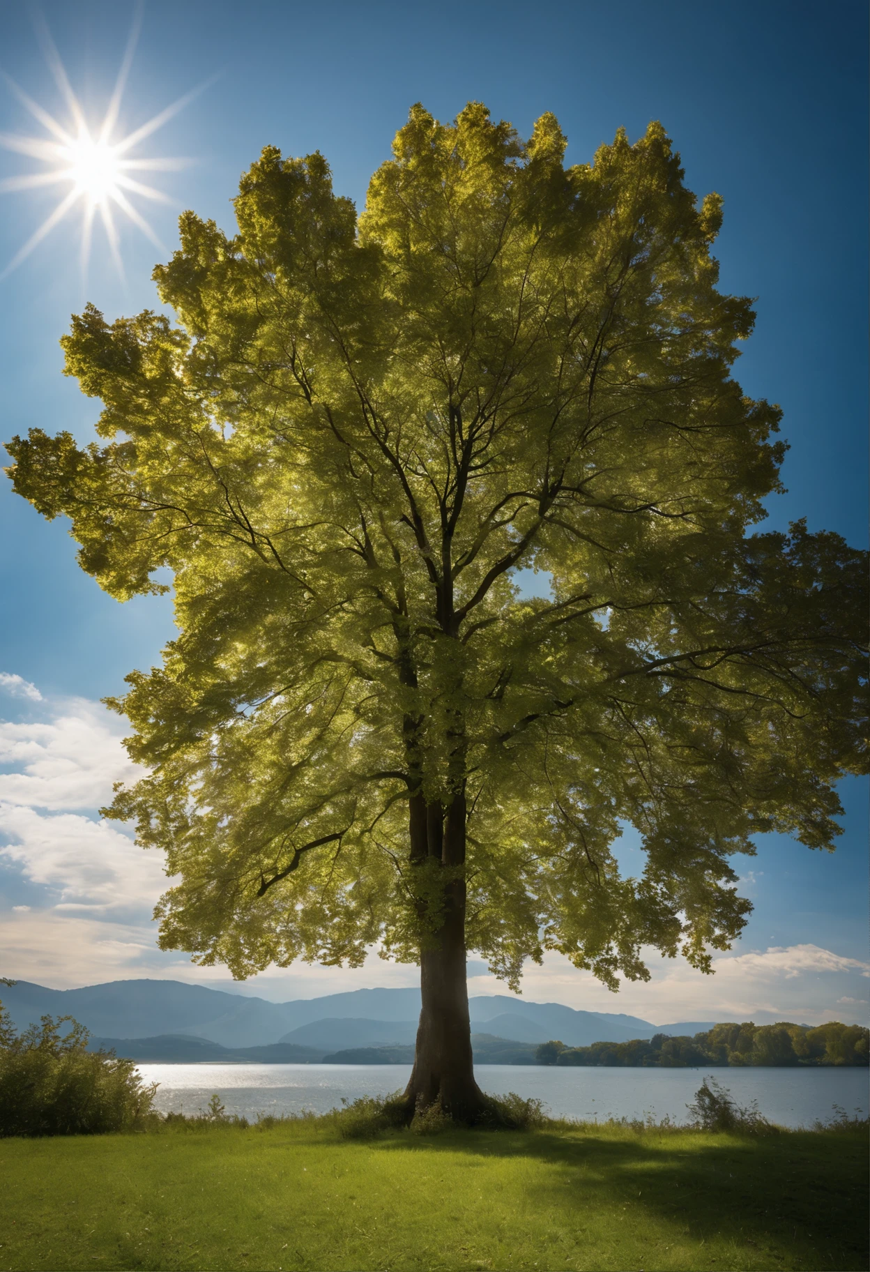 A large and beautiful linden tree in the middle of a hill overlooking a lake, the sun shining through the branches and leaves, soft light, a girl in the shade of the tree, the sky is a clear blue sky at 2 pm with beautiful clouds, ultra-high resolution photo , Real, Canon5D, 28mm f16, wide shot