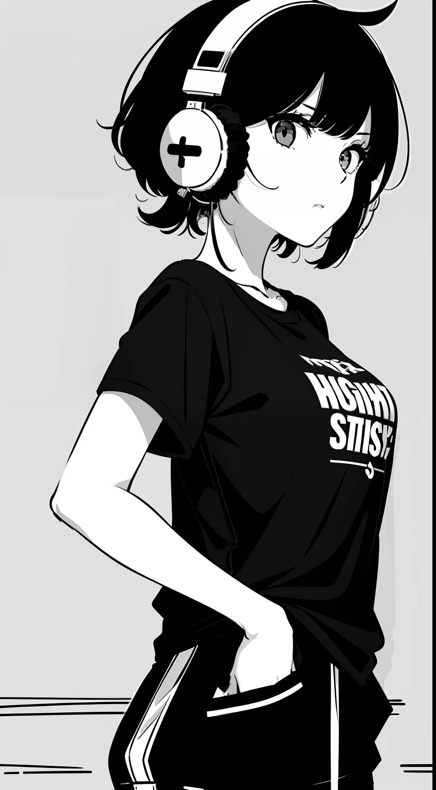 Girl, side portrait, Black and white, Messy short hair, Avant-garde accessories,Sporty style, Casual T-shirt, Confident gaze, monochromatic color scheme, Looks to the side, Chic street fashion, Casual hand in pocket pose,Head,((One guy)),Over-ear headphones, Large earmuffs,Luxurious long hair
