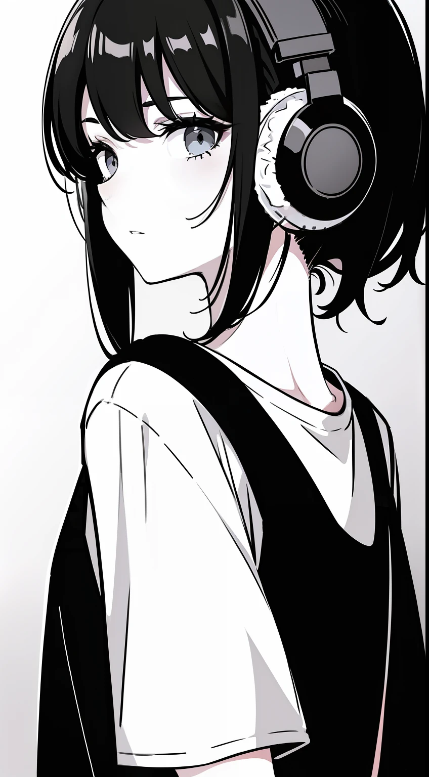 Girl, side portrait, Black and white, Messy short hair, Avant-garde accessories,Sporty style, Casual T-shirt, Confident gaze, monochromatic color scheme, Looks to the side, Chic street fashion, Casual hand in pocket pose,Head,((One guy)),Over-ear headphones, Large earmuffs,Luxurious long hair