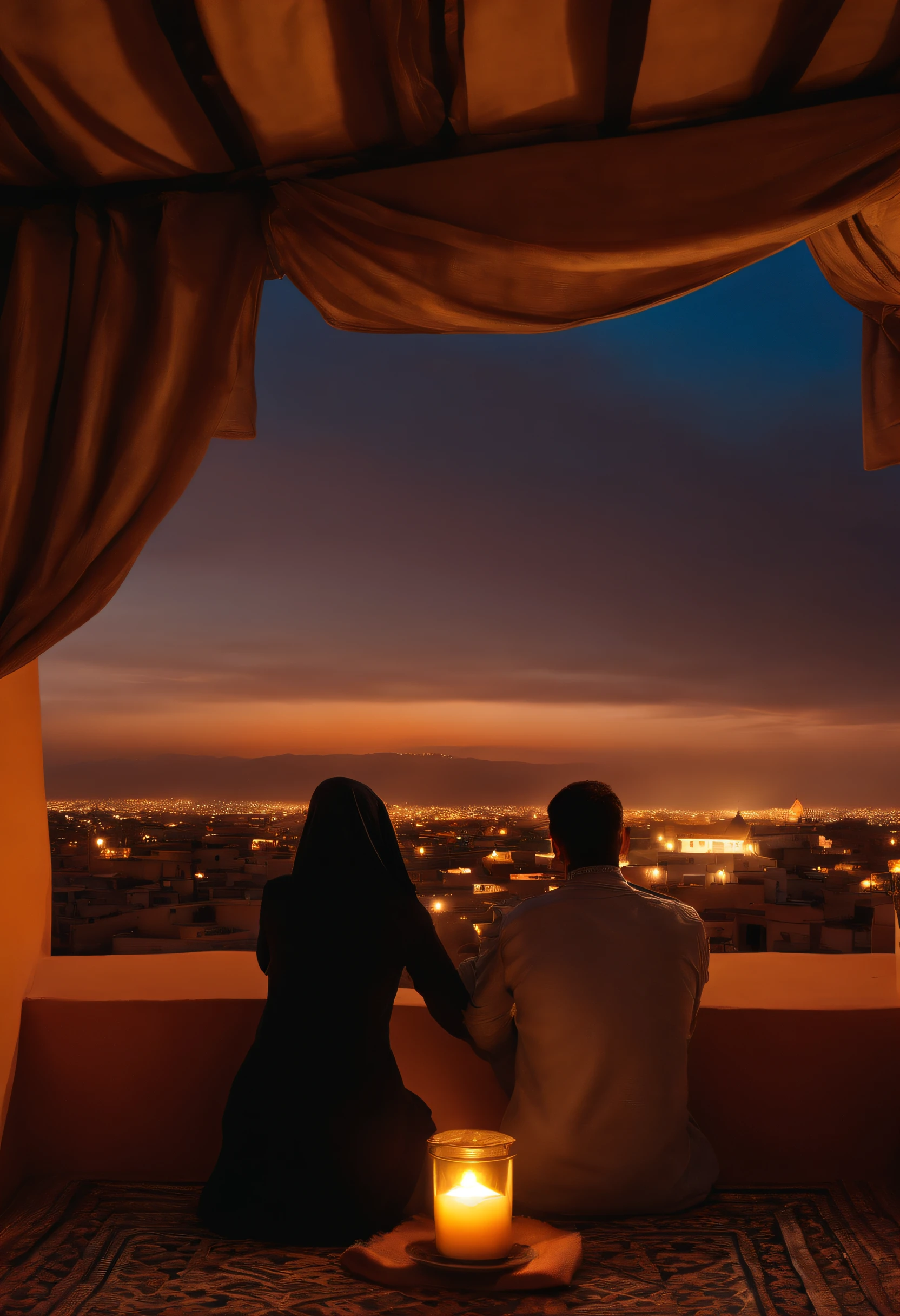 hyper realistic photo, ultra detailed photograph of a beautiful Moroccan rooftop, (one young man and one woman from behind), face hidden, towards view, praying together, male and female, photorealistic, riad rooftop, Amazigh pillows, Marrakech view, sweet sunset, shimmering stars, iridescent, hyperrealism, moroccan lamps, Ultra photoreal, Intricate details, Ultra detailed, photorealistic, great high details, hyper real photo, 8k, extreme quality, gorgeous roses, exotic, glimmering lights, magical, romantic, wishing, sheer curtains