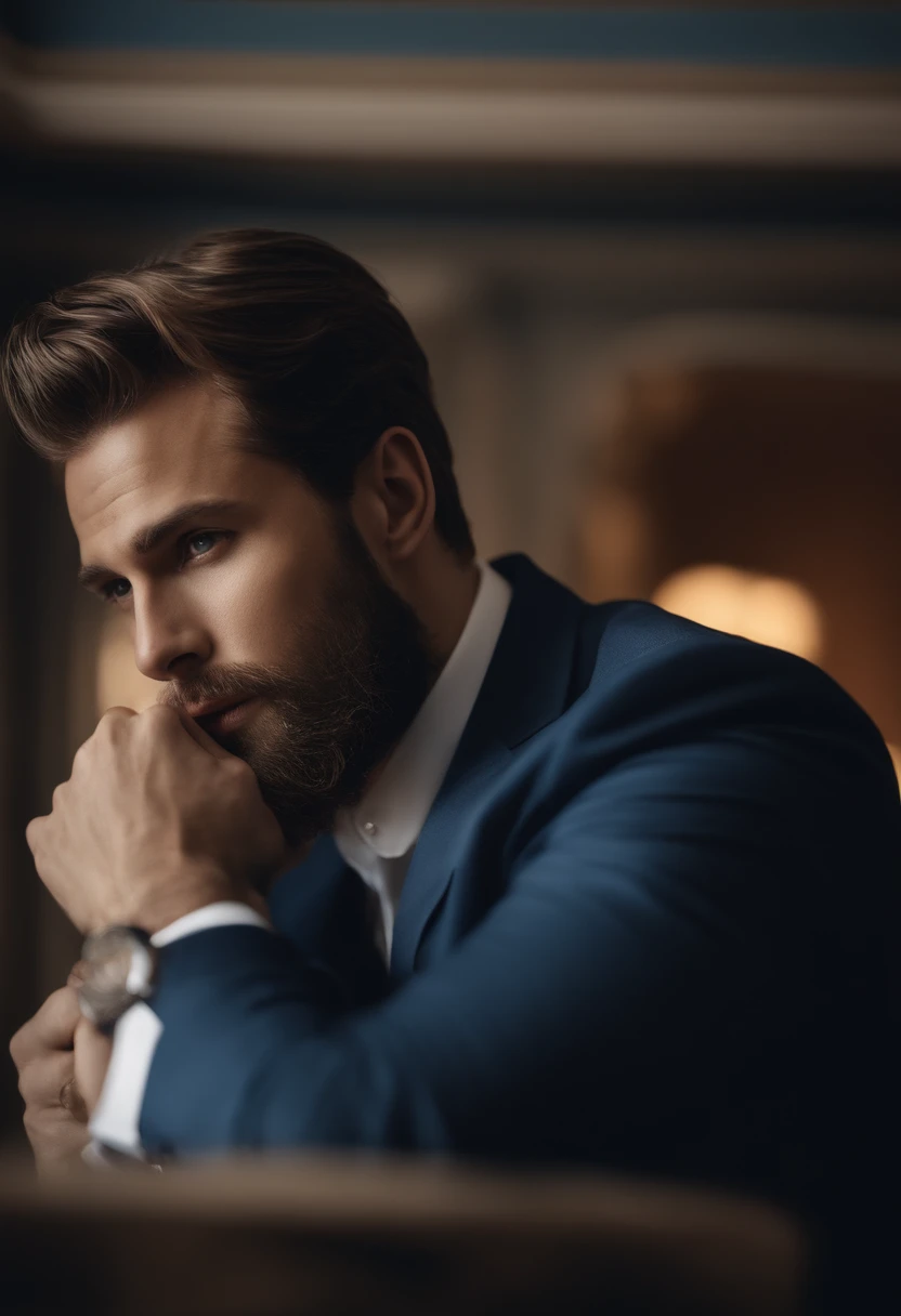 (Homem com roupa elegante), ), (usando barba longa e cheia,) (olhos azuis) (retrato) Attractive and serious look, Cabelos castanhos escuros, Elegante e elegante, e camiseta de corpo forte, Homem parecido com o ator Jamie Dornan, (imagem realista e de alta qualidade), in the background Scandinavian apartment with design furniture and with blue wall color in the background, ((best quality, 8k, master part).