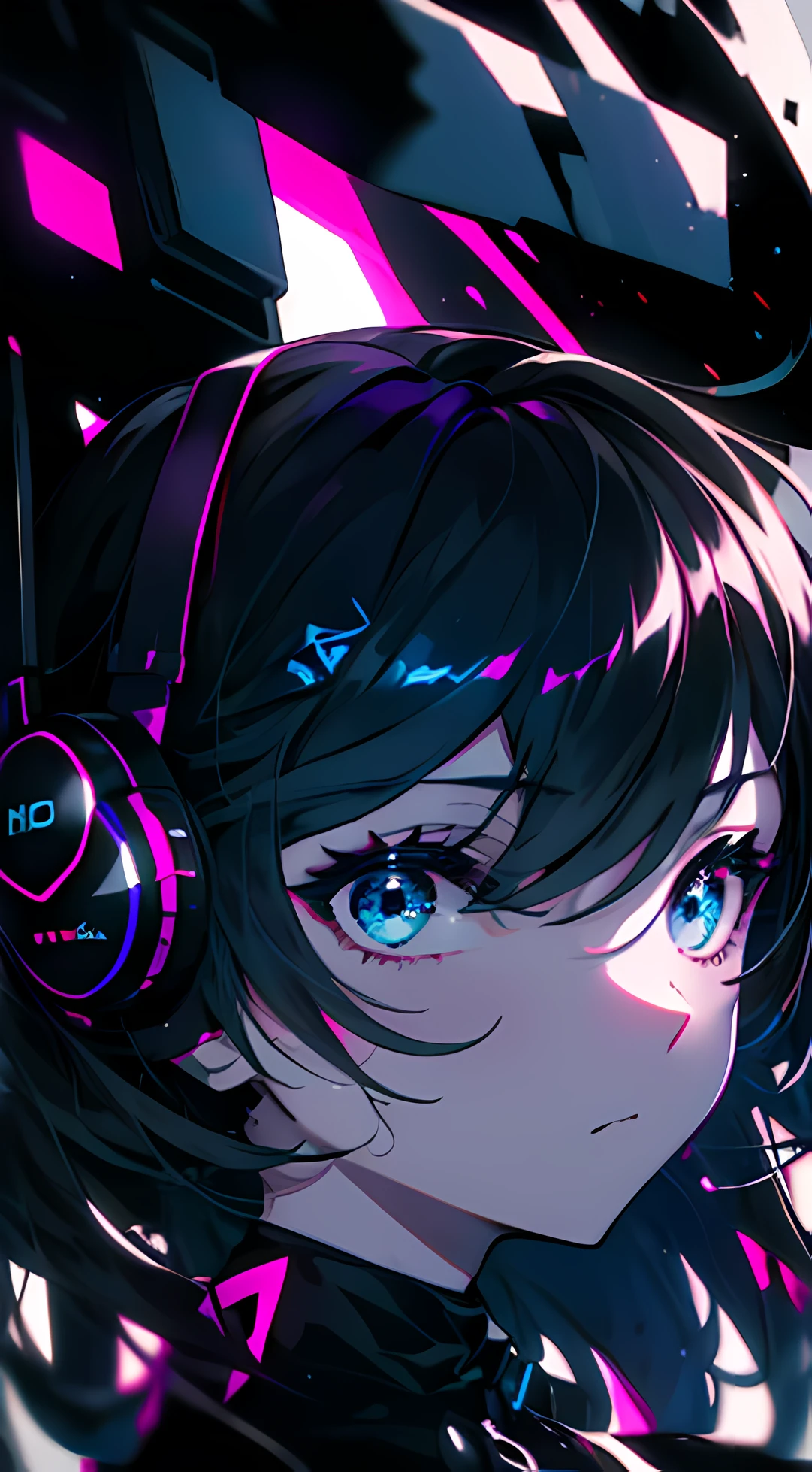(theme: dark and athestic), 1 girl wearing a head phone, design in her eyes