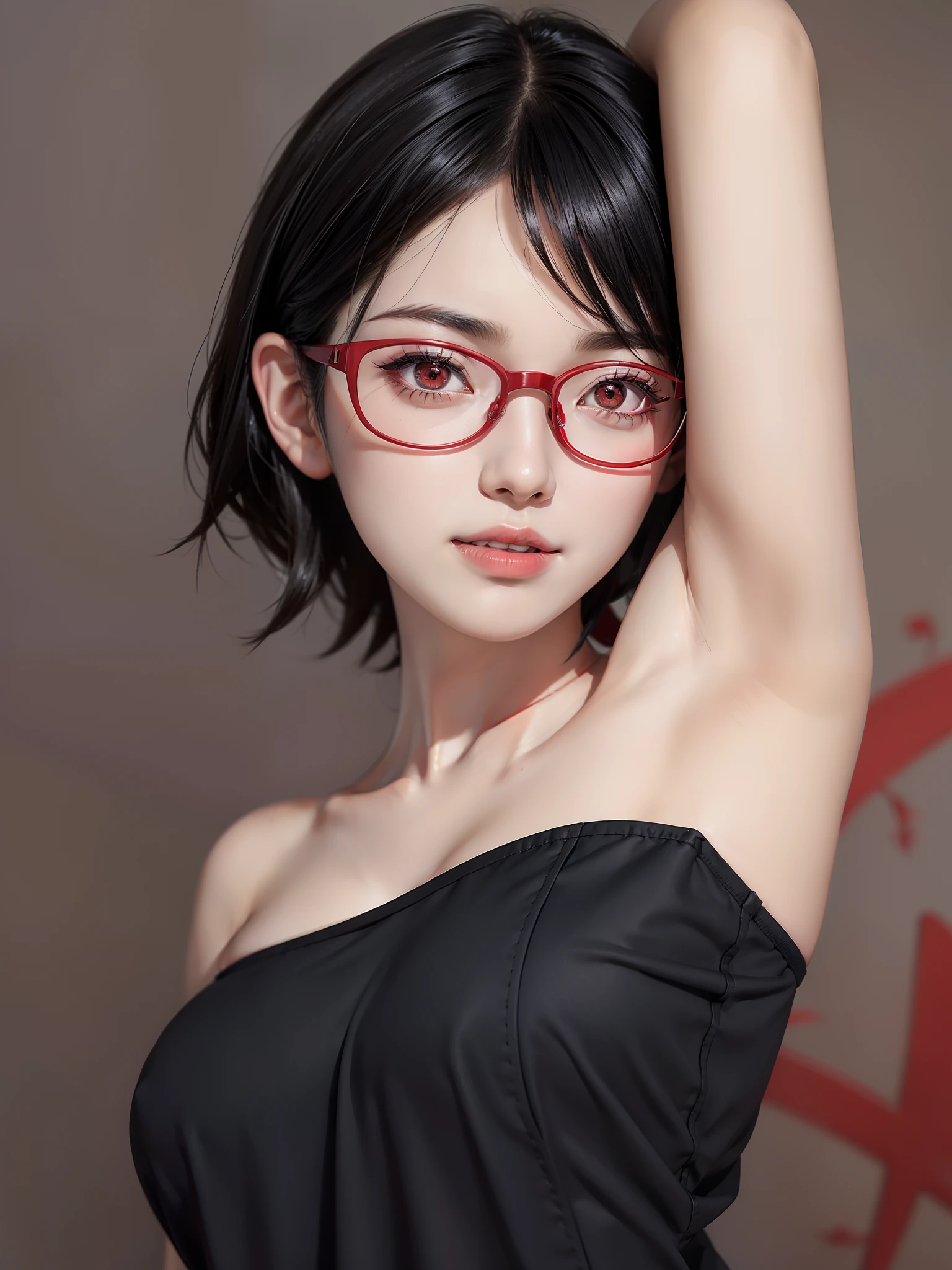 1girl, uchiha sarada in anime boruto, short hair, black hair, red eyes, smile, beautiful, sexy dress, sexy clothes, red clothes, wear red glasses, very big breast, realistic clothes, detail clothes, outdoor background, ultra detail, realistic