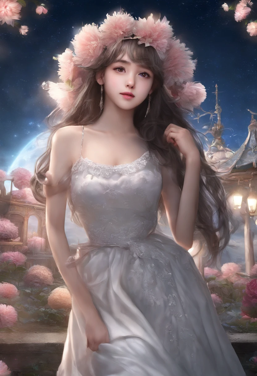 Best quality, High_Resolution, distinct_image, Detailed background ,Girl, random wear,flower, Night sky,Dutch angle, Wide shot,Shy smile, crown,