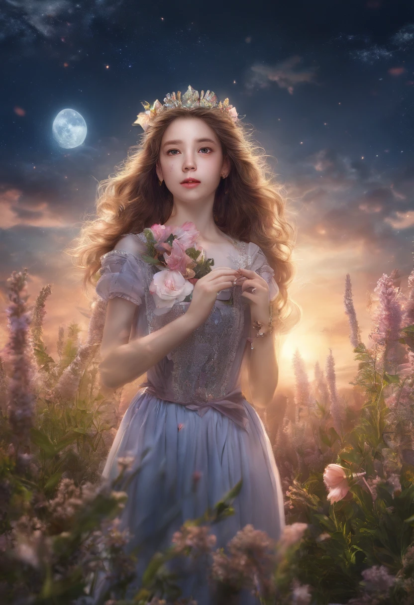 Best quality, High_Resolution, distinct_image, Detailed background ,Girl, random wear,flower, Night sky,Dutch angle, Wide shot,Shy smile, crown,