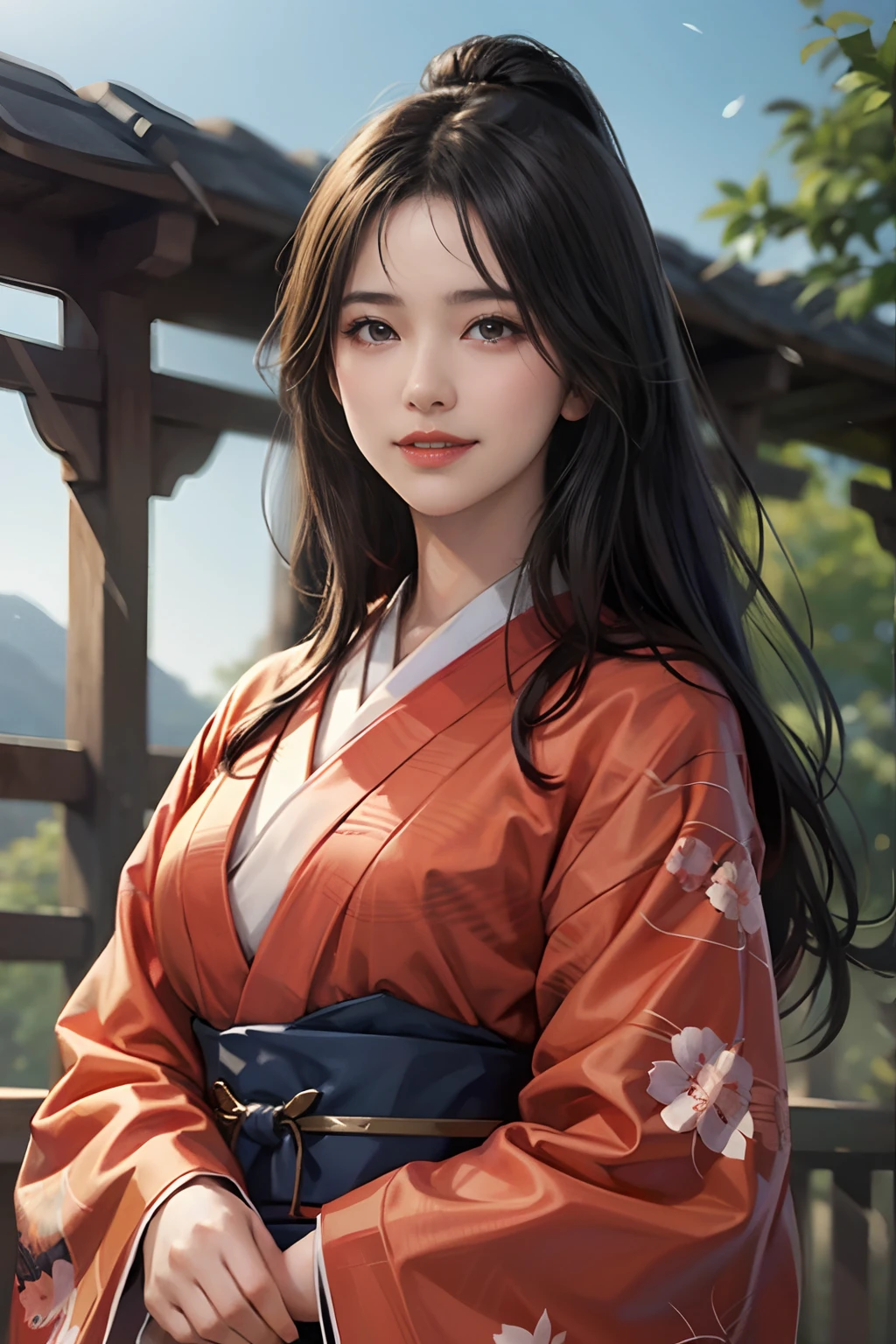 (8K, RAW Photos, top-quality, hight resolution:1.2), (realisitic, Photorealsitic:1.37) ,1girl in,long shiny black hair, Glossy lips,A Japanese Lady, japanes, 独奏,(Dressed in a gorgeous kimono:1.3),独奏,(Crystal clear white skin:1.2),Upper body,A smile,big eye,oval-face,Look up,Hanging eyes