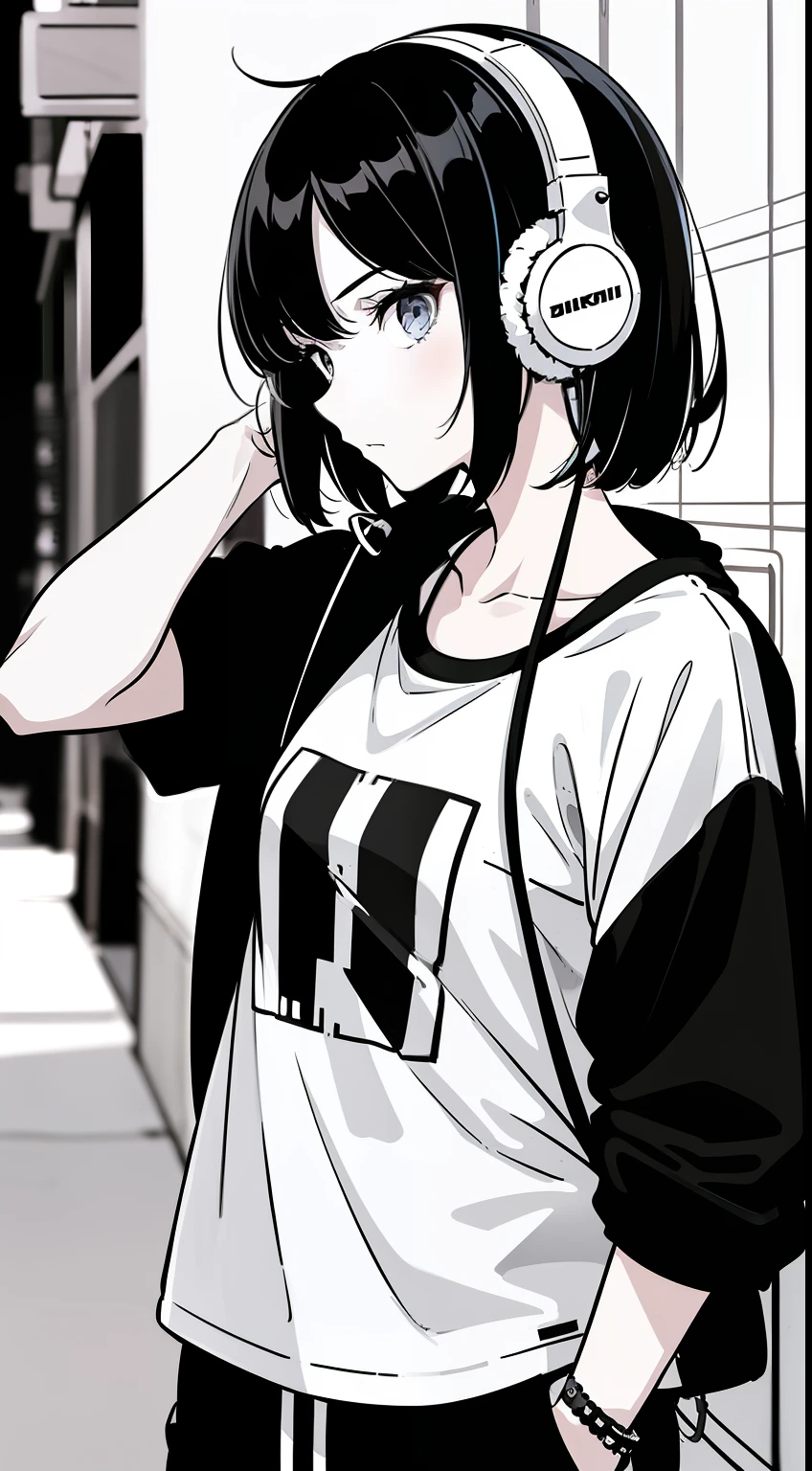 Girl, side portrait, Black and white, Messy short hair, Avant-garde accessories,Sporty style, Casual T-shirt, Confident gaze, monochromatic color scheme, Looks to the side, Chic street fashion, Casual hand in pocket pose,Head,((One guy)),Over-ear headphones, Large earmuffs,Luxurious long hair