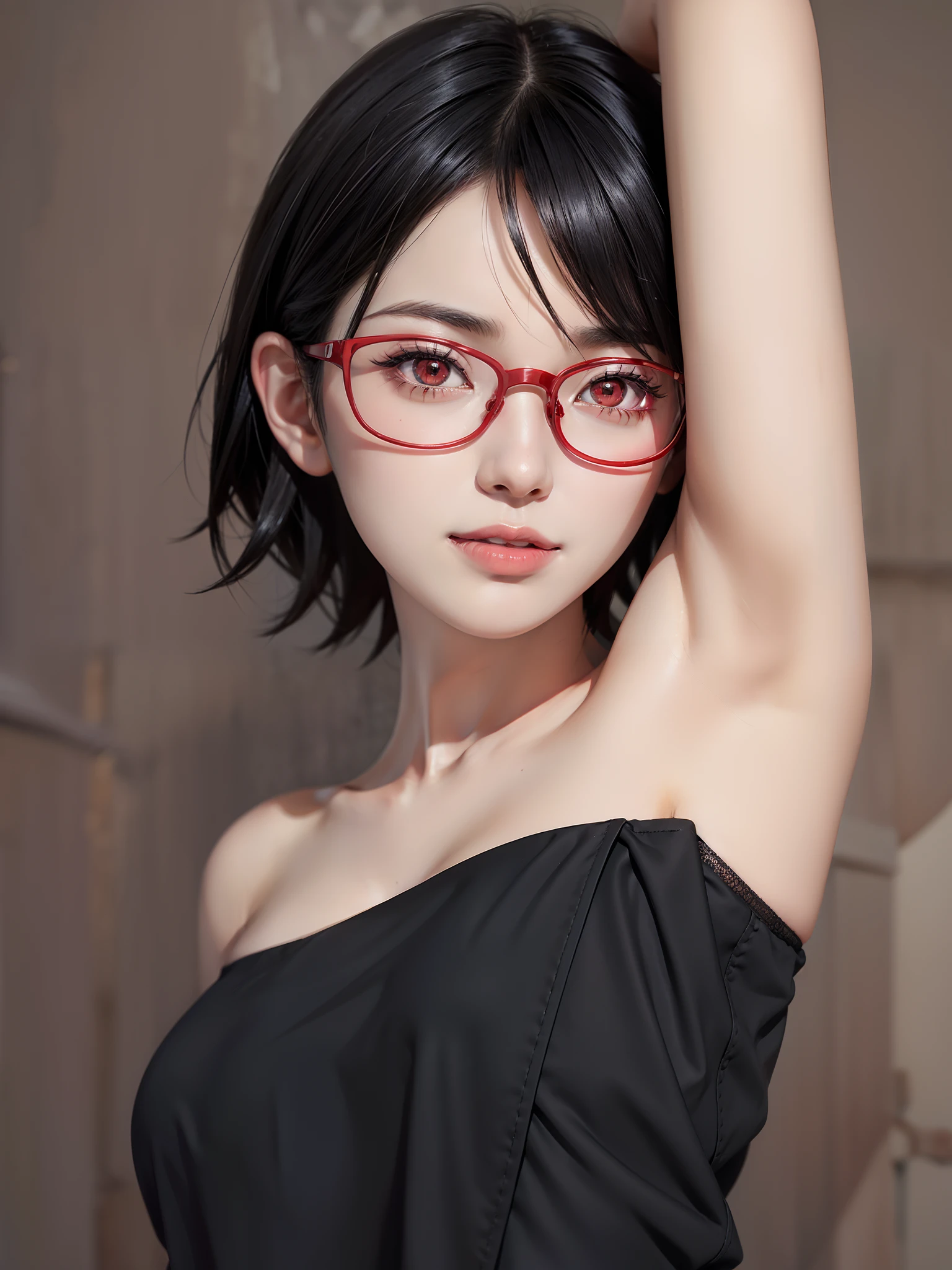1girl, uchiha sarada in anime boruto, short hair, black hair, red eyes, smile, beautiful, sexy dress, sexy clothes, red clothes, wear red glasses, very big breast, realistic clothes, detail clothes, outdoor background, ultra detail, realistic