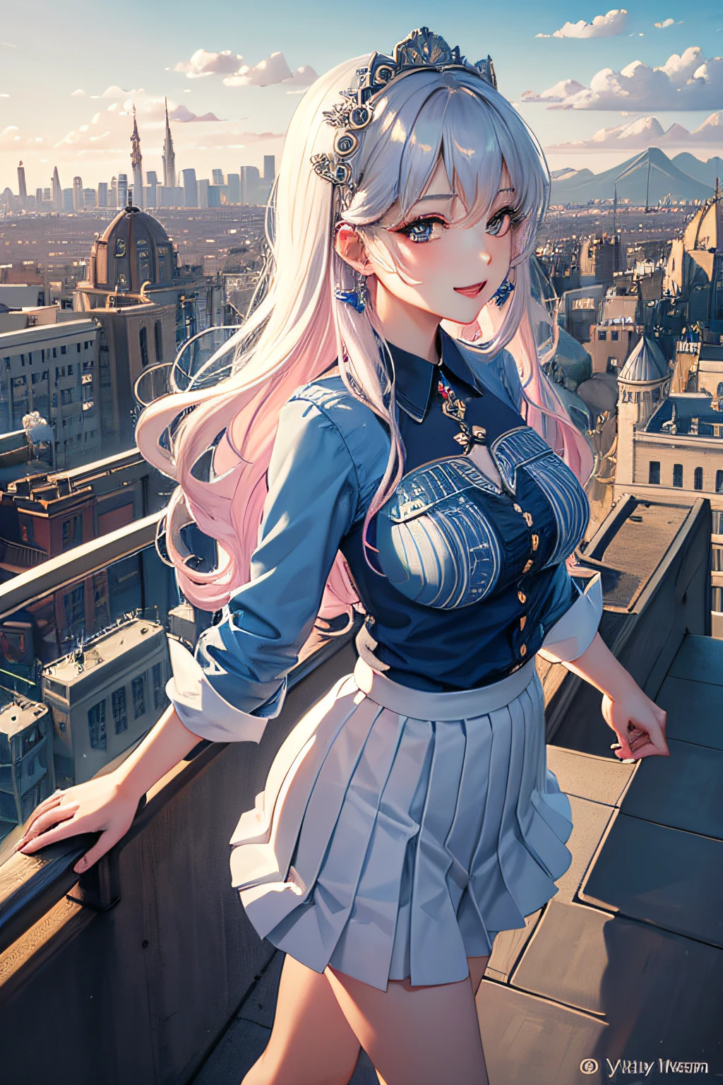 Official fine art，tmasterpiece，Sharp focus，（Beautiful gorgeous lovely Korean women：1.3），（beautiful lovely Korean people：1.3），South Korean beauties，Delicate and beautiful hair and eyes and face，realisticlying，ultra - detailed，a beauty girl，blue-sky，Glowing white particles,(sidelighting:1.2),rays of sunshine,baiyun,Detailed clouds,Slender,Cute big breasts and big buttocks,Toothy laughter,((Laugh and open your eyes)),scenecy,Long straight hair, sexy facial expression, buliding, (cityscape:1.7), Dynamic hair, Long straight hair, Delicate platinum-pink hair, glow blue eyes, (blue pleated shirt+white  skirt), long white socks, paleskin, hair adornments, epic landscapes,（tmasterpiece，top Quority，best qualtiy，offcial art，Beauty and aesthetics：1.2），（1girl），Extremely detailed，（s fractal art：1.3），extremely colorful，Most detailed