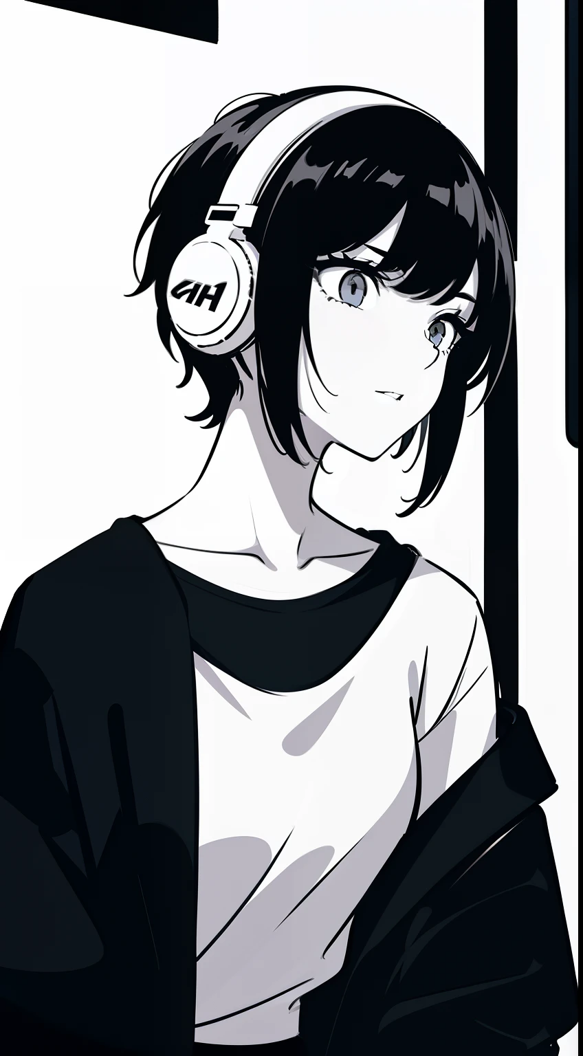 Girl, side portrait, Black and white, Messy short hair, Avant-garde accessories,Sporty style, Casual T-shirt, Confident gaze, monochromatic color scheme, Looks to the side, Chic street fashion, Casual hand in pocket pose,Head,((One guy)),Over-ear headphones, Large earmuffs,Luxurious long hair