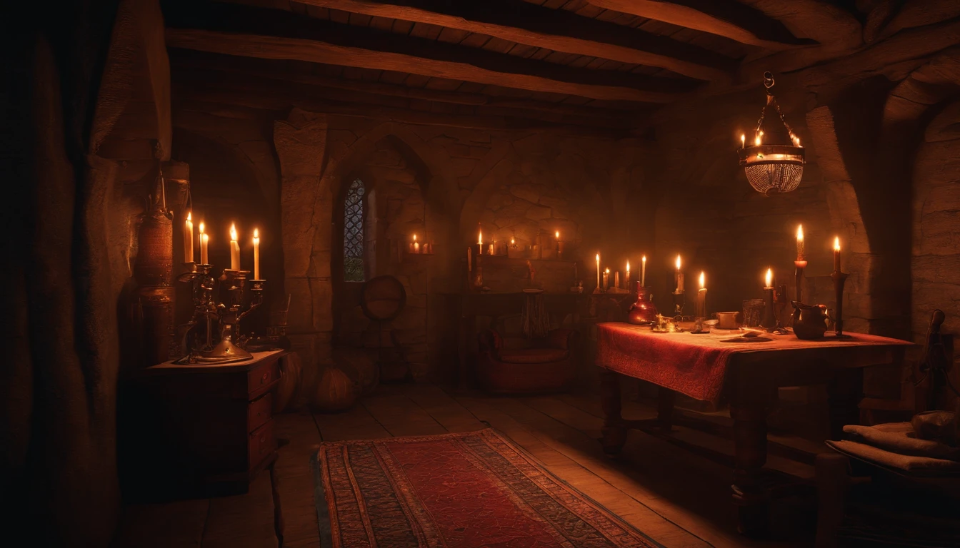 top-quality, masterpiece, ultra-detailliert, Alchemist's room, medieval times, natta, Candlelight