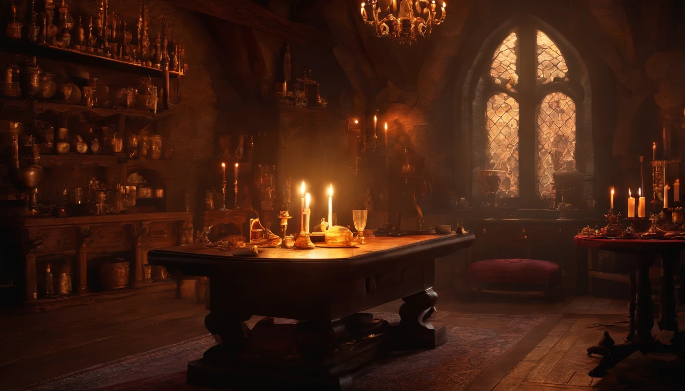 top-quality, masterpiece, ultra-detailliert, Alchemist's room, medieval times, natta, Candlelight