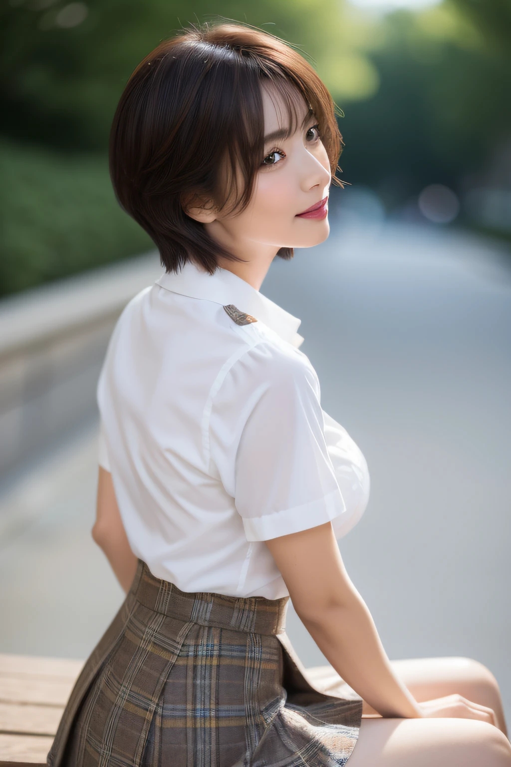 NSFW, 8k RAW photo, top-quality, masterpiece, A MILF、60 years old、(Wrinkles at the corners of the eyes:1.3), 超A high resolution, film grains, filmg, 1girl in, looking at the viewers, natural skin textures, realistic eyes and face details, Full lips, lipsticks, (makeup), Red Eye Shadow, Fluffy short hair, hair messy, A smile, closes mouth, Beautiful legs, Tall lady, skiny, slim_Legs, 独奏, huge-breasted, cleavage of the breast, Pose with your buttocks facing you, Ultra short skirt, buttock, The shirt, Beautiful natural places, Around the position of the flower, (细致背景), plaid skirts, white shirt, huge-breasted, cleavage of the breast, Show a little cleavage through the shirt, lowfers, blurry backround, bblurry, ngel, Plaid, shortsleeves, JK ribbon on neck, JK Ribbon, brown haired, A bracelet, Eau, bangss, 校服, jewely, cparted lips, s lips, From the side, pleatedskirt, depth of fields