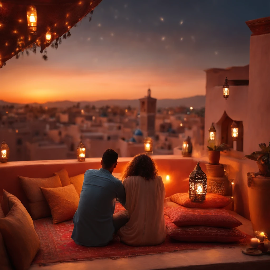 hyper realistic photo, ultra detailed photograph of a beautiful Moroccan rooftop, (one young man and one woman from behind), face hidden, towards view, praying together, male and female, photorealistic, riad rooftop, many Amazigh pillows, Marrakech view, colorful sunset, shimmering stars, iridescent, hyperrealism, moroccan lamps, Ultra photoreal, Intricate details, Ultra detailed, photorealistic, great high details, hyper real photo, 8k, extreme quality, lots of gorgeous roses, exotic, glimmering lights, magical, romantic, wishing, sexy