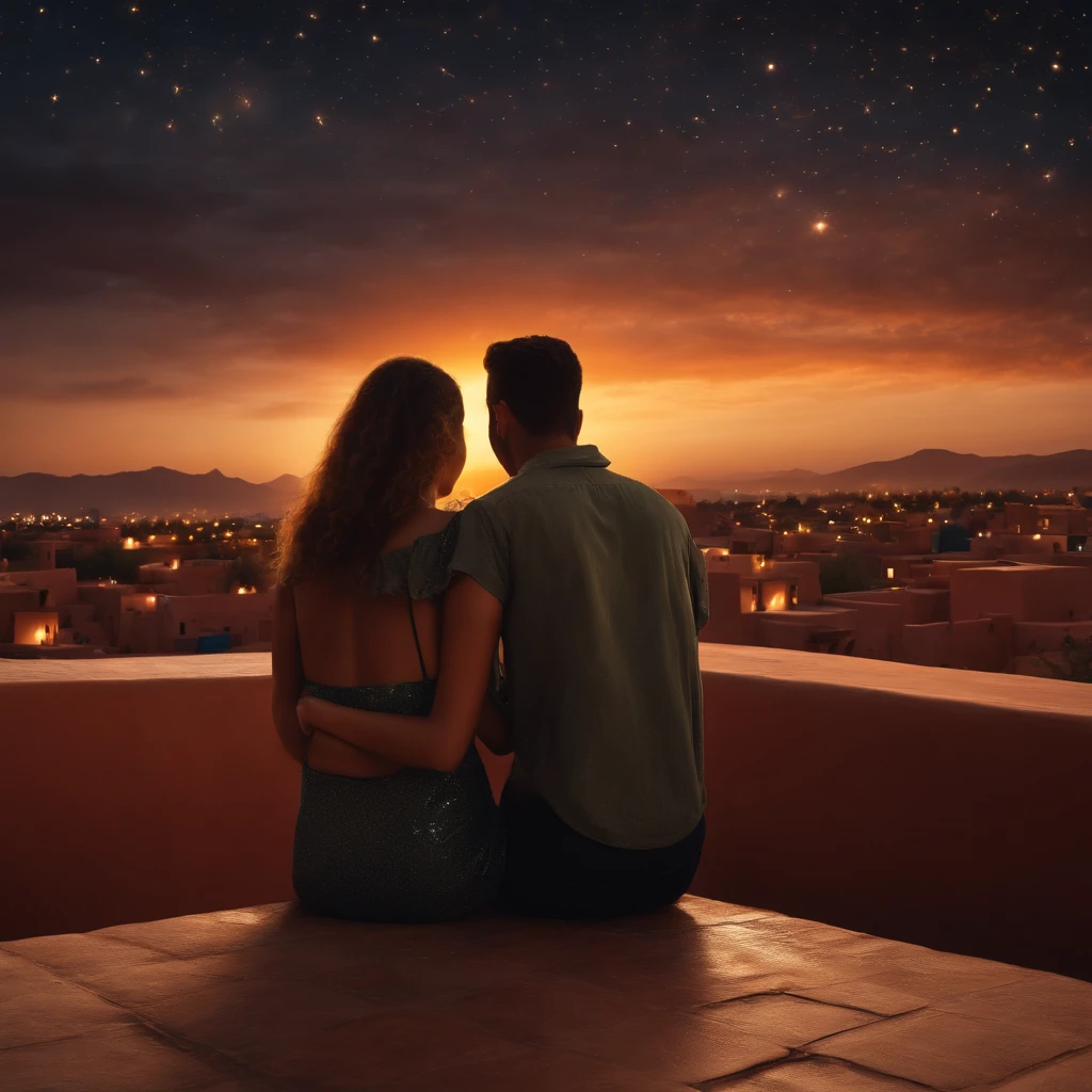 hyper realistic photo, ultra detailed photograph of a beautiful Moroccan rooftop, (one young man and one woman from behind), face hidden, towards view, praying together, male and female, photorealistic, riad rooftop, many Amazigh pillows, Marrakech view, colorful sunset, shimmering stars, iridescent, hyperrealism, moroccan lamps, Ultra photoreal, Intricate details, Ultra detailed, photorealistic, great high details, hyper real photo, 8k, extreme quality, lots of gorgeous roses, exotic, glimmering lights, magical, romantic, wishing, sexy