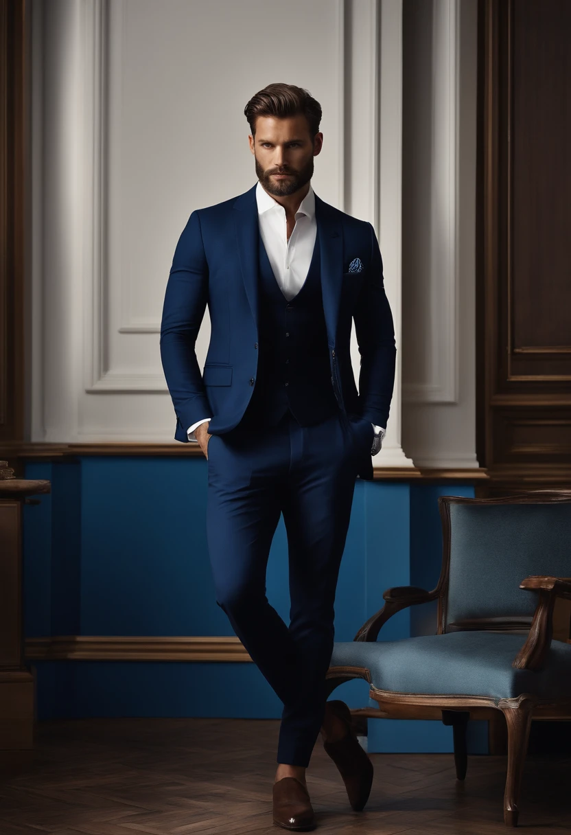 (Homem com roupa elegante), ), (usando barba longa e cheia,) (olhos azuis) (retrato) Attractive and serious look, Cabelos castanhos escuros, Elegante e elegante, e camiseta de corpo forte, Homem parecido com o ator Jamie Dornan, (imagem realista e de alta qualidade), in the background Scandinavian apartment with design furniture and with blue wall color in the background, ((best quality, 8k, master part).