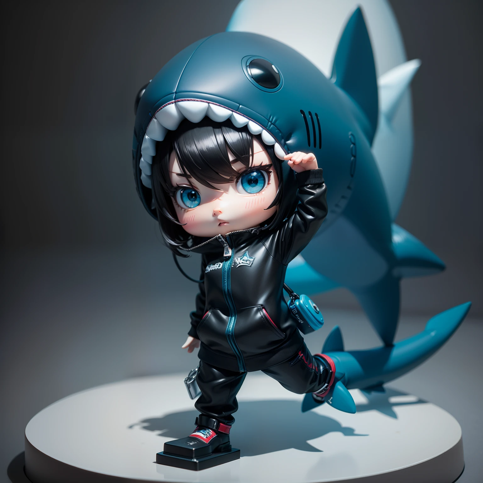 Chibi, shark, Cute, Blue,Shark Hat, actionpose, Black Hair Bob, Sauce order,Shark Suit, Big Badejo, Full body, masutepiece, 3D Rendering, Best Quality, Lots of detail, (Plain background), vinyl toy figurine