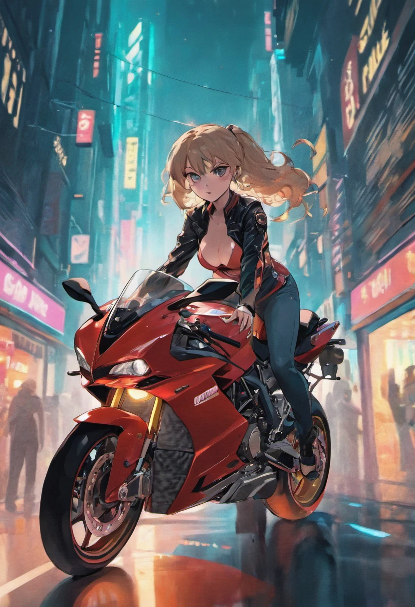 Sexy beautiful woman riding a Ducati super sport motorcycle, cyberpunk city, realistic, 8k, beautiful face, sexy body