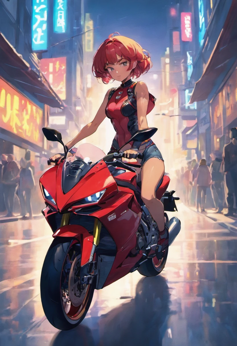 Sexy beautiful woman riding a Ducati super sport motorcycle, cyberpunk city, realistic, 8k, beautiful face, sexy body