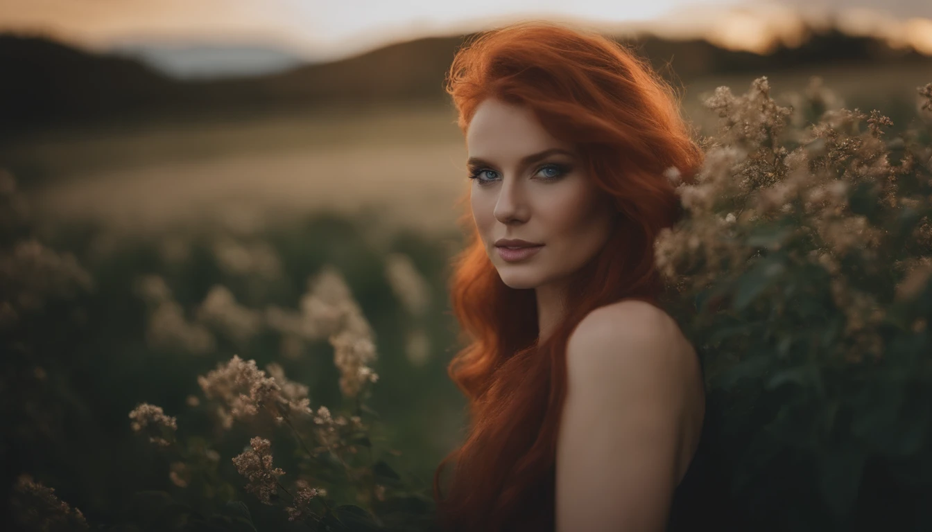 Woman with red hair and blue eyes posing for photo, soft portrait shot 8 k, shot with Canon EOS R 5, photographed in a Canon EOS R5, captured on canon eos r 6, Soft lighting and focus, shot with Nikon Z9, 8k artgerm bokeh, portrait of a beautiful model, shot on sony a 7 iii