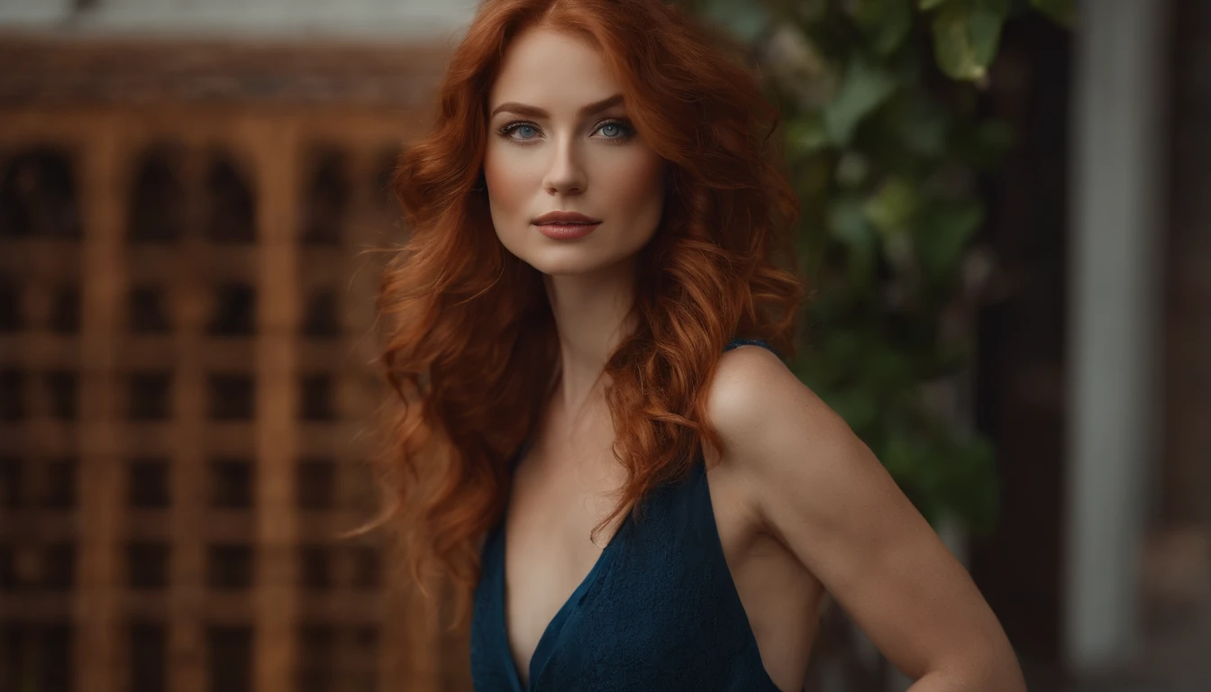 Woman with red hair and blue eyes posing for photo, soft portrait shot 8 k, shot with Canon EOS R 5, photographed in a Canon EOS R5, captured on canon eos r 6, Soft lighting and focus, shot with Nikon Z9, 8k artgerm bokeh, portrait of a beautiful model, shot on sony a 7 iii
