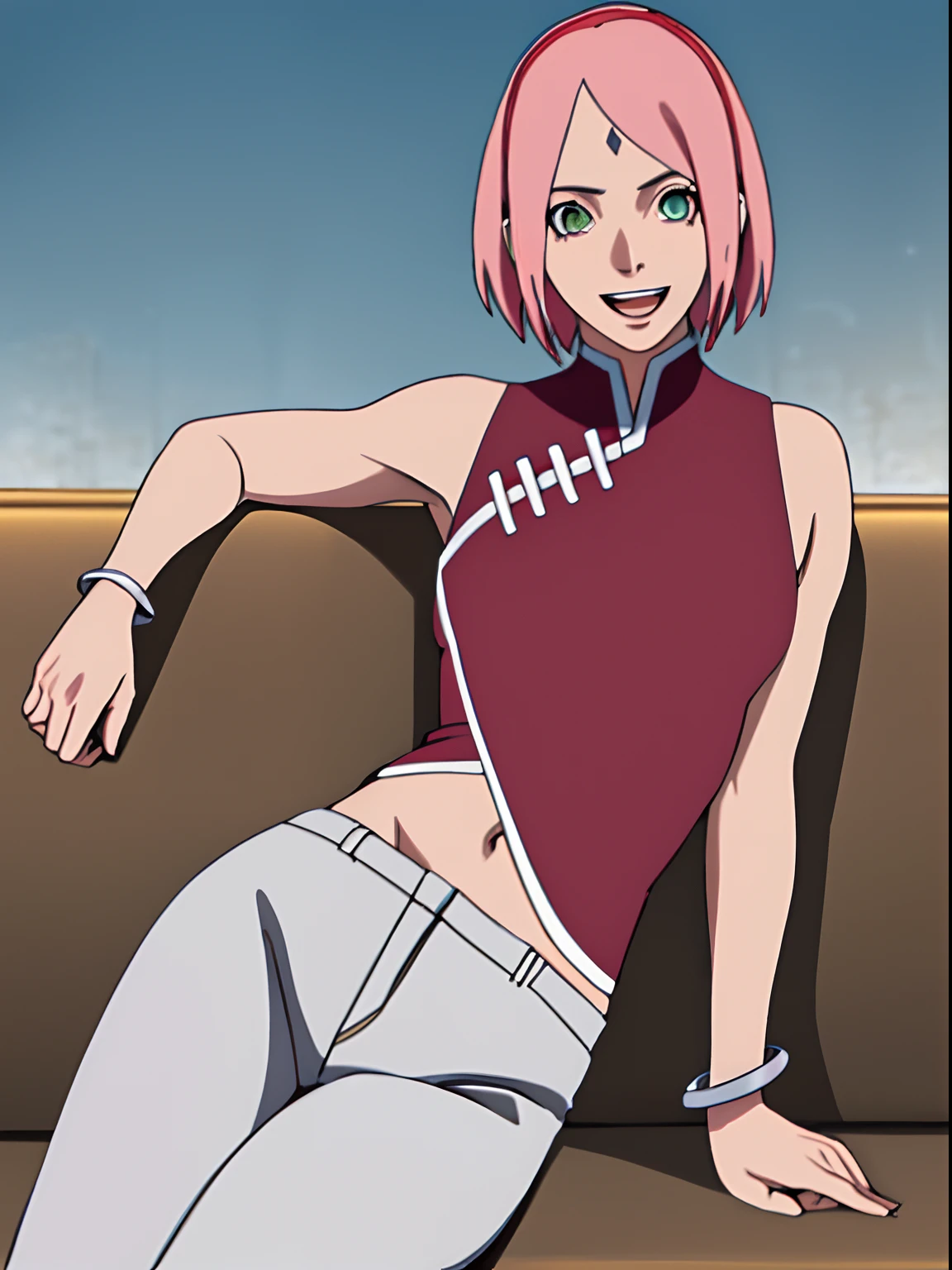 masterpiece, 4k, portrait, cowboy shot, (night), professional artwork, intricate details, colorful, digital blending, (ultra detailed body, ultra detail hair, ultra detail face), trending on pixiv, kind smile, best quality, anime style: 1.9, 1girl, hires, haruno sakura, (forehead mark, milf, red hairband, pale skin, (small breasts), short hair, ((red sleeveless dress,), white pants), (navel, belly button, slender body, slender belly, bracelet, pink hair, open mouth, big eyes), smile, beach, wind, floating hair, detailed arms, off-shoulders, broad shoulders, (slightly muscular arms, slightly strong biceps), armpit on couch, rips, , fancy couch, relaxing, (hand leaning on couch, laying, talking, looking at the viewer)