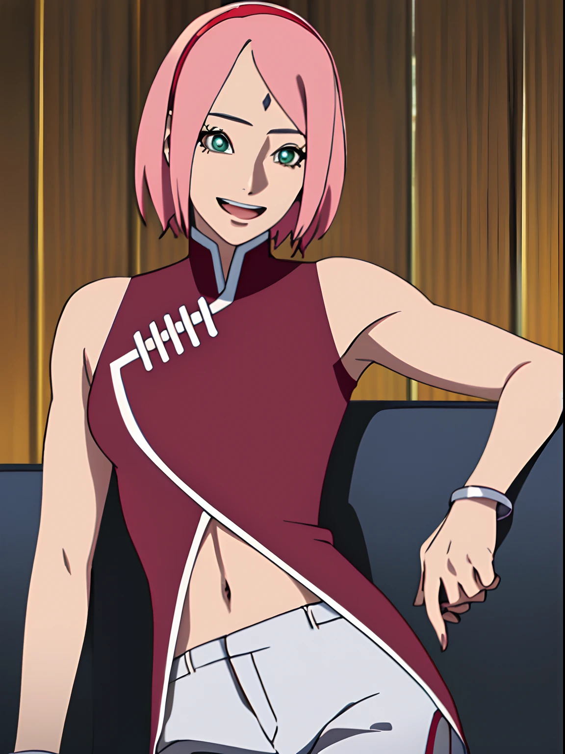 masterpiece, 4k, portrait, cowboy shot, (night), professional artwork, intricate details, colorful, digital blending, (ultra detailed body, ultra detail hair, ultra detail face), trending on pixiv, kind smile, best quality, anime style: 1.9, 1girl, hires, haruno sakura, (forehead mark, milf, red hairband, pale skin, (small breasts), short hair, ((red sleeveless dress,), white pants), (navel, belly button, slender body, slender belly, bracelet, pink hair, open mouth, big eyes), smile, beach, wind, floating hair, detailed arms, off-shoulders, broad shoulders, (slightly muscular arms, slightly strong biceps), armpit on couch, rips, , fancy couch, relaxing, (hand leaning on couch, laying, talking, looking at the viewer)