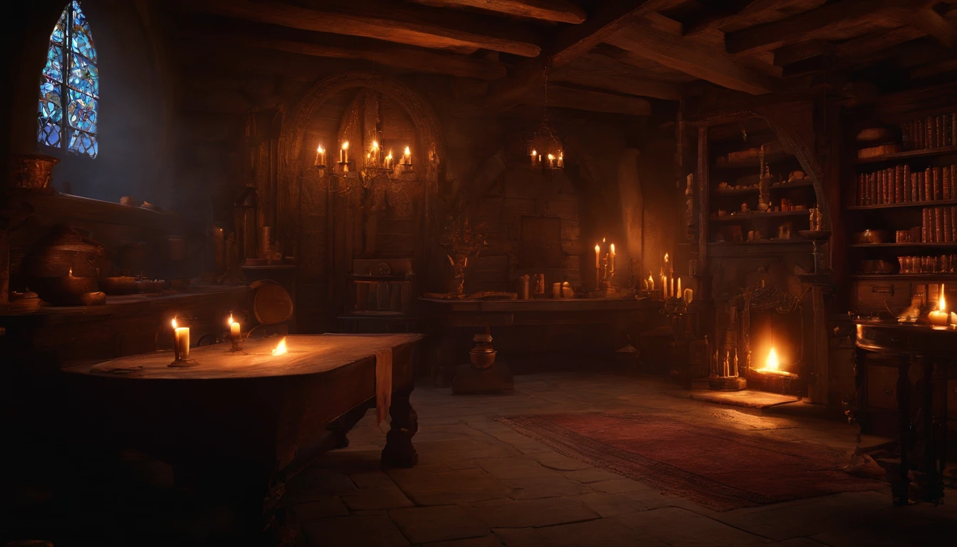 top-quality, masterpiece, ultra-detailliert, Alchemist's room, medieval times, natta, Candlelight, Magical, Suspicious atmosphere, dark ilumination