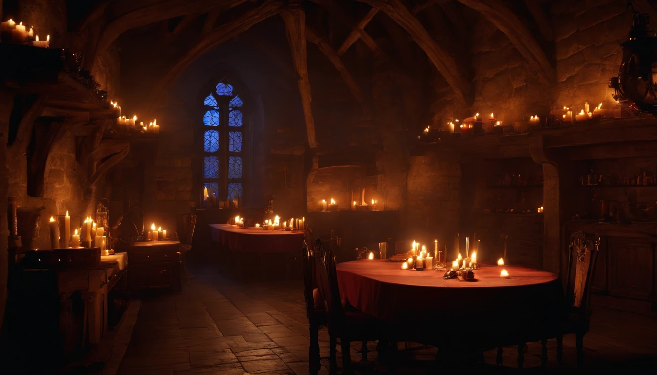 top-quality, ​masterpiece, ultra-detailliert, Alchemist's room, medieval times, natta, Candlelight, Magical, Suspicious atmosphere, dark ilumination