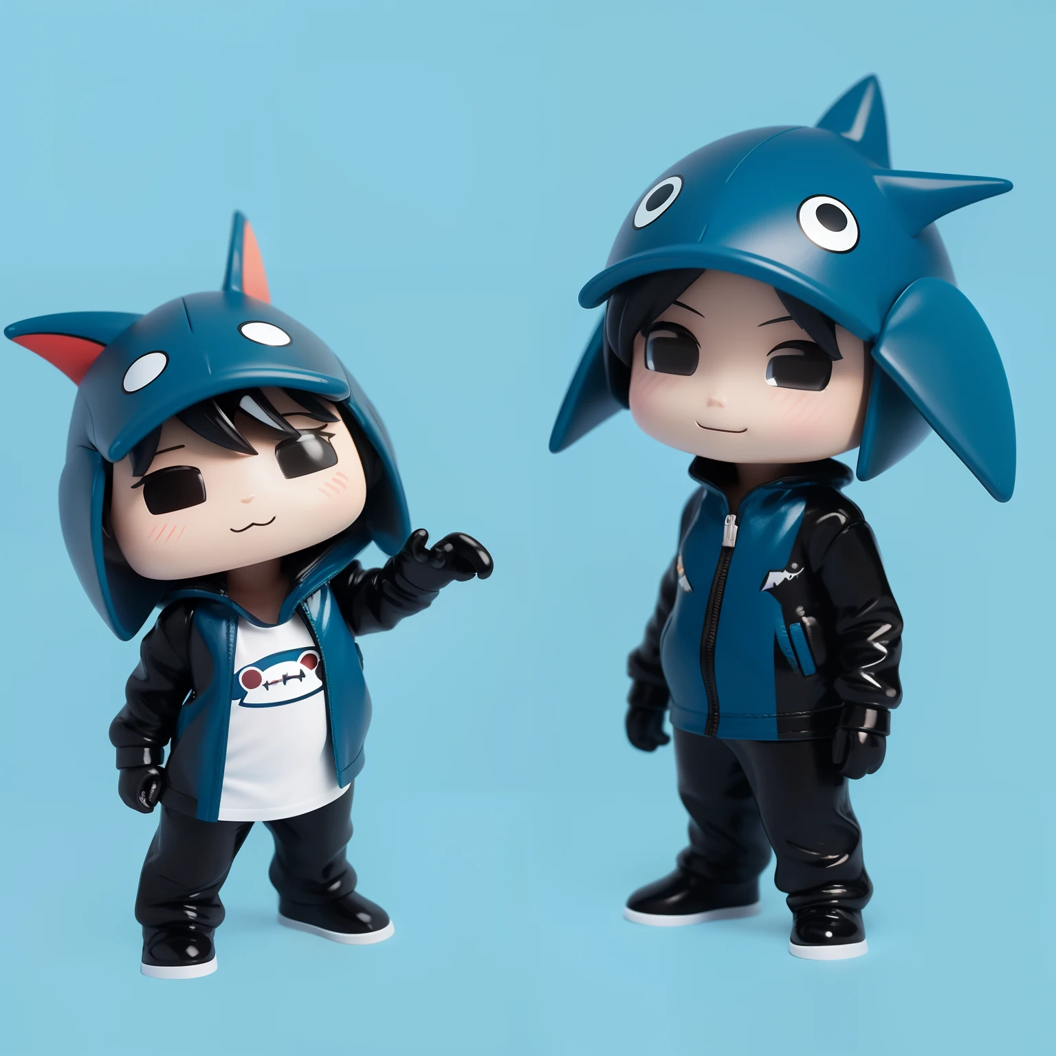 Chibi, shark, Cute, Blue,Shark Hat,  actionpose, Black Hair Bob, Sauce order,Shark Suit, Big Badejo, Full body, masutepiece, 3D Rendering, Best Quality, Lots of detail, (Plain background), vinyl toy figurine