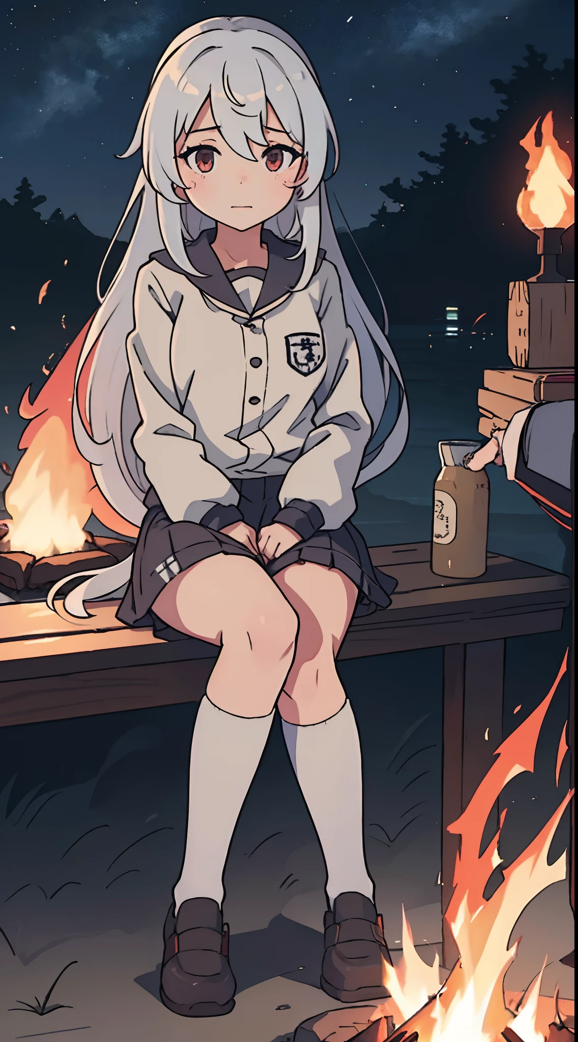 anime girl next to a campfire, a hyperrealistic schoolgirl, realistic schoolgirl, anime girl has white hair and red eyes, beautiful anime girl, [ 4 k digital art ], kantai collection style, female protagonist 👀 :8, school girl, guweiz, kawacy, smooth anime cg art, night sky, sitting on the ground, the girl should be put a little bit far in the picture