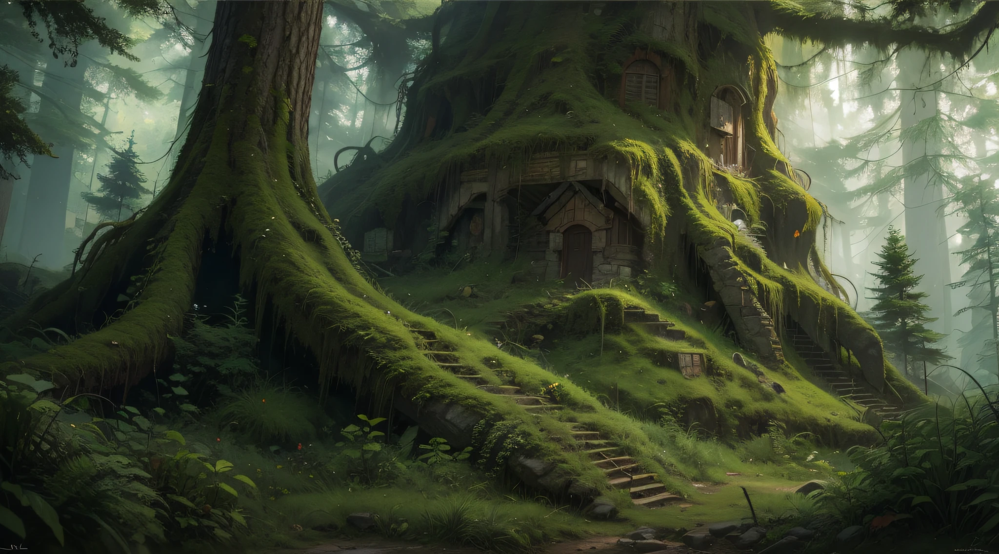 Mountain in deep forest, big tree.