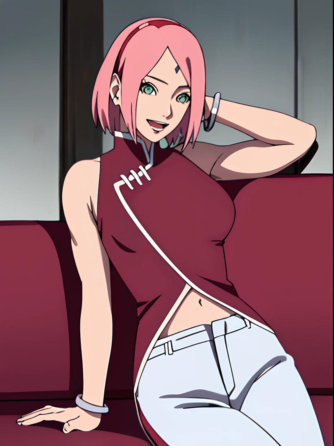 masterpiece, 4k, portrait, cowboy shot, (night), professional artwork, intricate details, colorful, digital blending, (ultra detailed body, ultra detail hair, ultra detail face), trending on pixiv, kind smile, best quality, anime style: 1.9, 1girl, hires, haruno sakura, (forehead mark, milf, red hairband, pale skin, (small breasts), short hair, ((red sleeveless dress,), white pants), (navel, belly button, slender body, slender belly, bracelet, pink hair, open mouth, big eyes), smile, beach, wind, floating hair, detailed arms, off-shoulders, broad shoulders, (slightly muscular arms, slightly strong biceps), armpit on couch, rips, , fancy couch, relaxing, (hand leaning on couch, laying, talking, looking at the viewer)