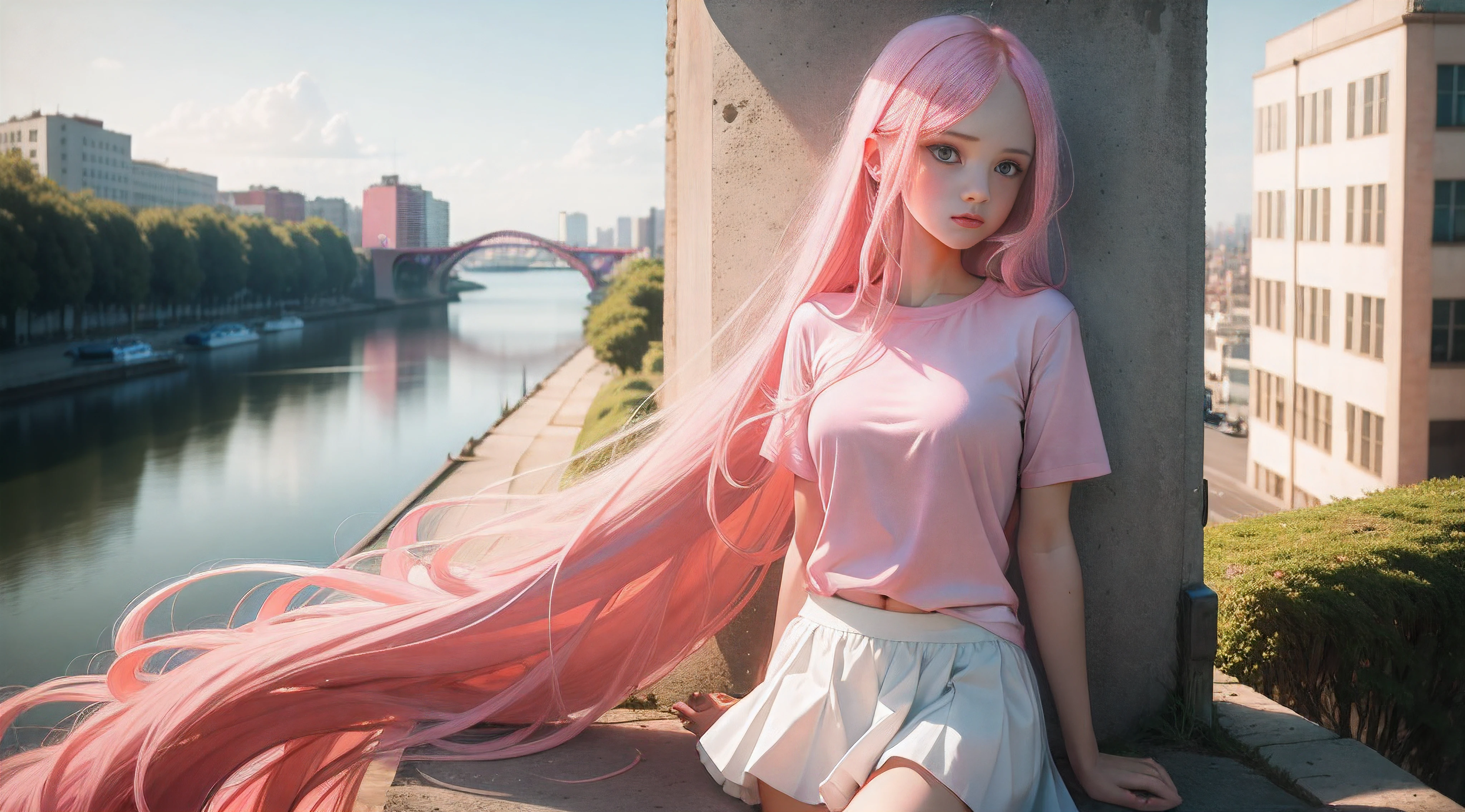 1girl, long pink hair, blue eyes, wearing plain pink shirt, short white skirt, city, absurdres, high res, ultrasharp, 8K, masterpiece, looking at viewer, nature background