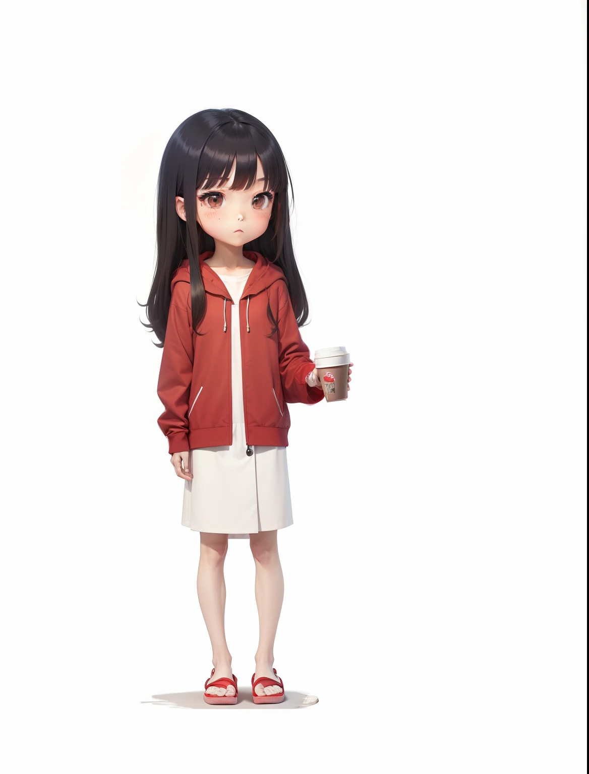 greys(Castanhos escuros)long whitr hair,Wearing a very common JK,But it is customary to wear a red coat/hoody。Wear slippers,Hair is slightly disheveled。Hold a water cup in your left hand。