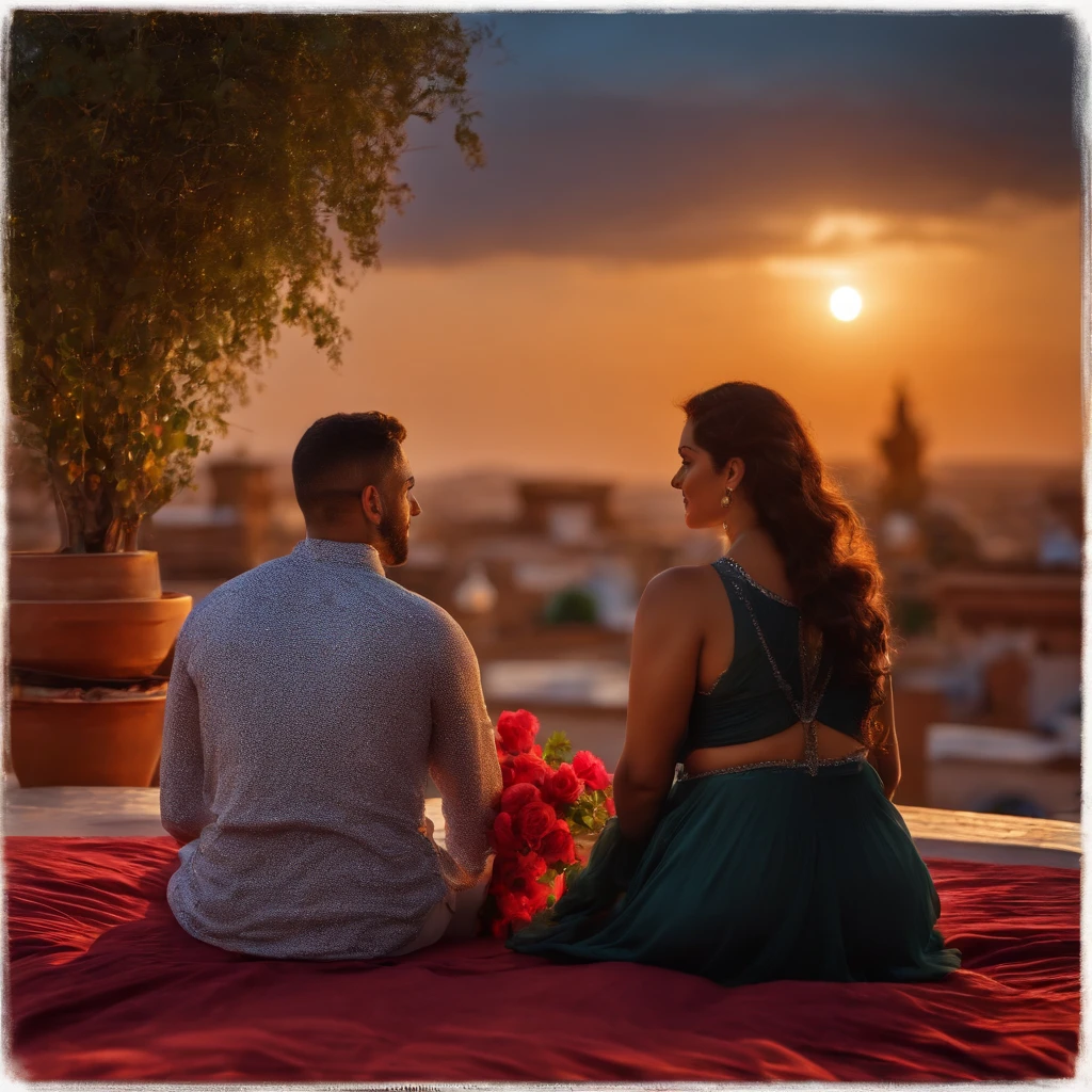 hyper realistic photo, ultra detailed photograph of a beautiful Moroccan rooftop, (one young thin man and one curvy woman from behind), face hidden, towards view, praying together, male and female, photorealistic, riad rooftop, many Amazigh pillows, Marrakech view, colorful sunset, stunning moon, shimmering stars, iridescent, hyperrealism, moroccan lamps, Ultra photoreal, Intricate details, Ultra detailed, photorealistic, great high details, hyper real photo, 8k, extreme quality, lots of gorgeous roses, exotic, glimmering lights, magical, romantic, wishing, sexy, brunette