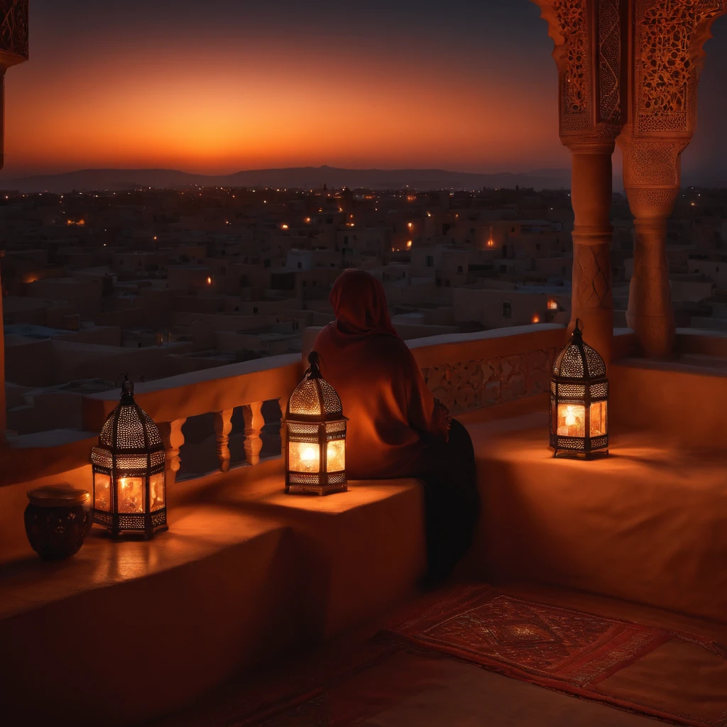 hyper realistic photo, ultra detailed photograph of a beautiful Moroccan rooftop, (one young thin man and one curvy woman from behind), face hidden, towards view, praying together, male and female, photorealistic, riad rooftop, many Amazigh pillows, Marrakech view, colorful sunset, stunning moon, shimmering stars, iridescent, hyperrealism, moroccan lamps, Ultra photoreal, Intricate details, Ultra detailed, photorealistic, great high details, hyper real photo, 8k, extreme quality, lots of gorgeous roses, exotic, glimmering lights, magical, romantic, wishing, sexy, brunette