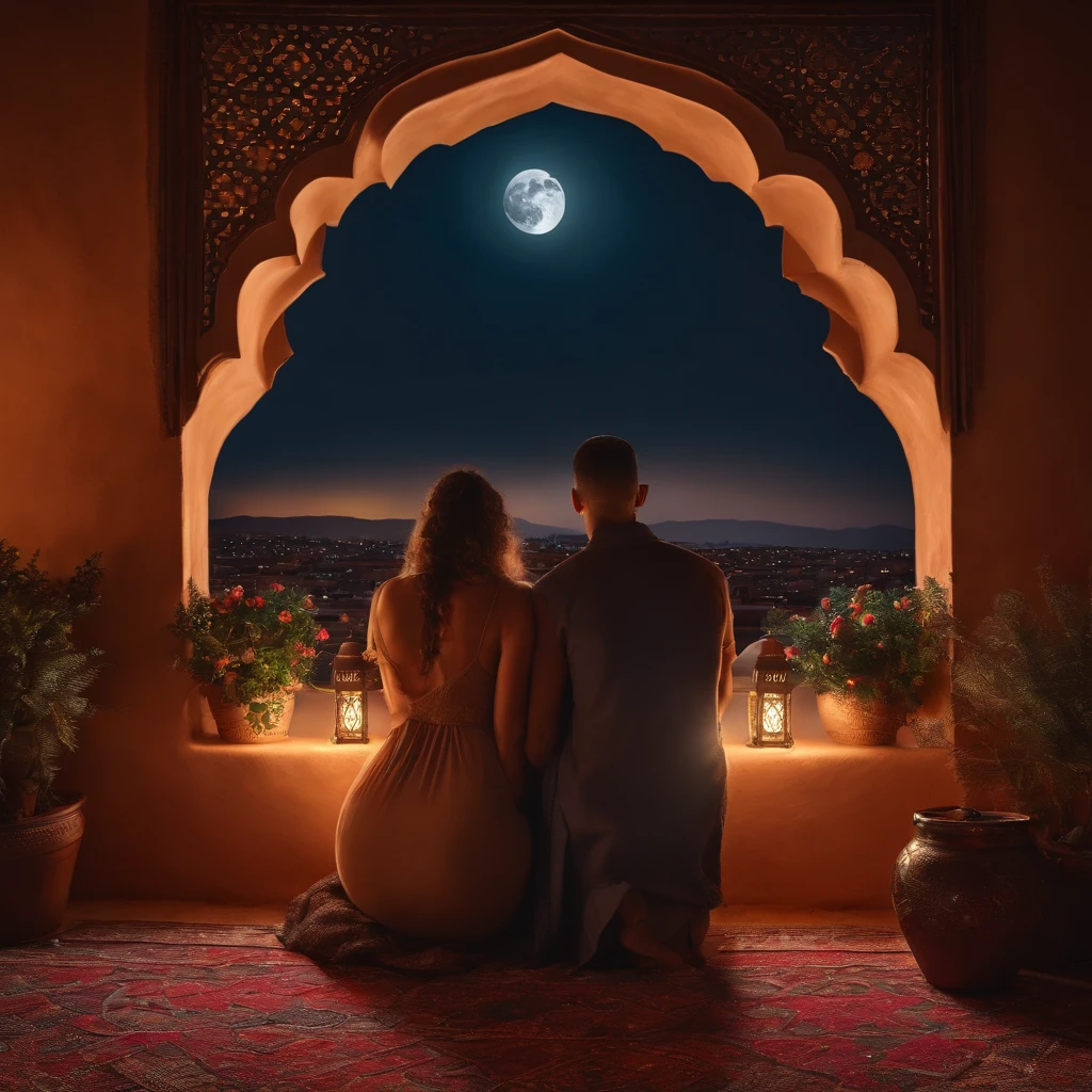 hyper realistic photo, ultra detailed photograph of a beautiful Moroccan rooftop, (one young thin man and one curvy woman from behind), face hidden, towards view, praying together, male and female, photorealistic, riad rooftop, many Amazigh pillows, Marrakech view, colorful sunset, stunning moon, shimmering stars, iridescent, hyperrealism, moroccan lamps, Ultra photoreal, Intricate details, Ultra detailed, photorealistic, great high details, hyper real photo, 8k, extreme quality, lots of gorgeous roses, exotic, glimmering lights, magical, romantic, wishing, sexy, brunette