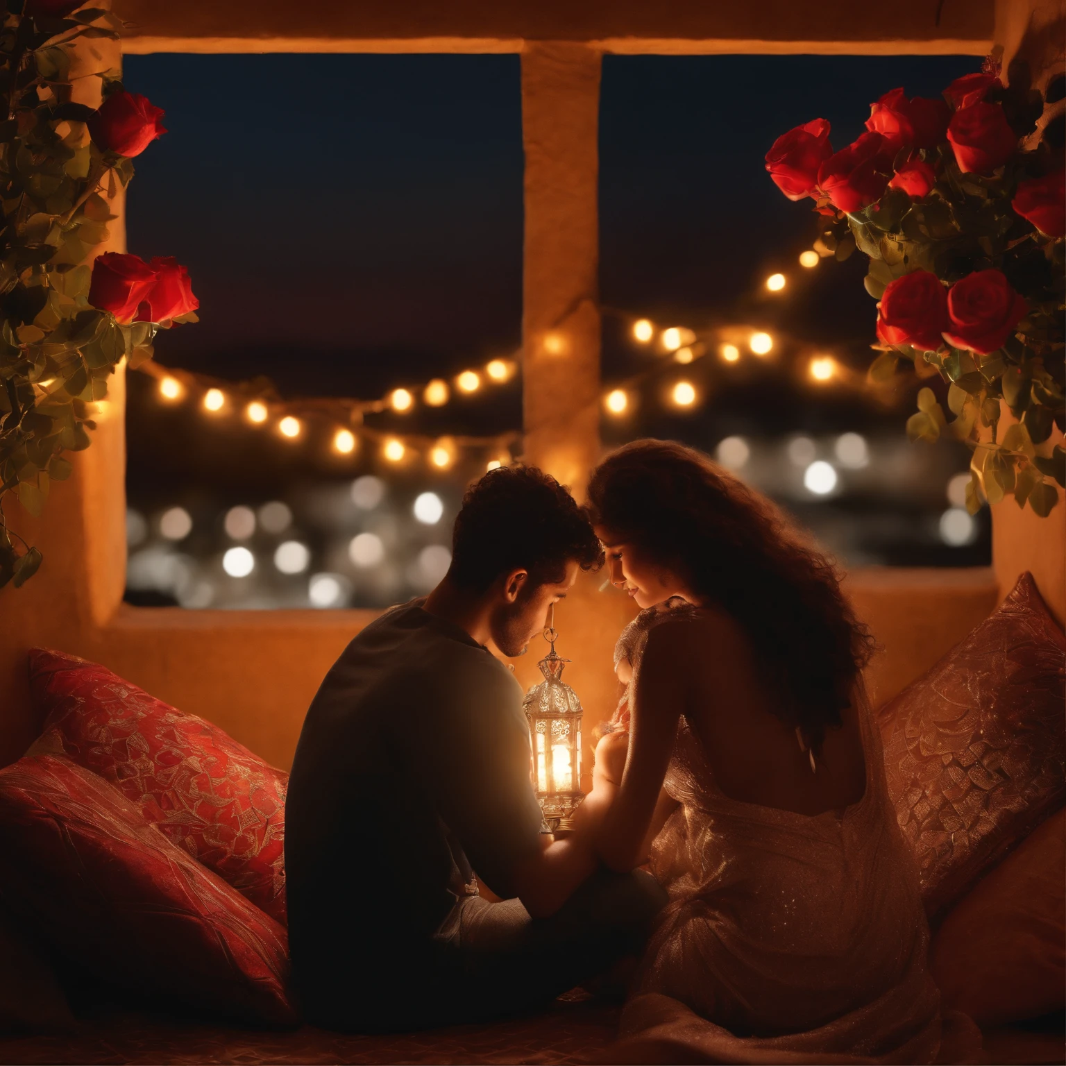 hyper realistic photo, ultra detailed photograph of a beautiful Moroccan rooftop, (one young man and one woman from behind), face hidden, towards view, praying together, male and female, photorealistic, riad rooftop, many Amazigh pillows, Marrakech view, colorful sunset, shimmering stars, iridescent, hyperrealism, moroccan lamps, Ultra photoreal, Intricate details, Ultra detailed, photorealistic, great high details, hyper real photo, 8k, extreme quality, lots of gorgeous roses, exotic, glimmering lights, magical, romantic, wishing, sexy