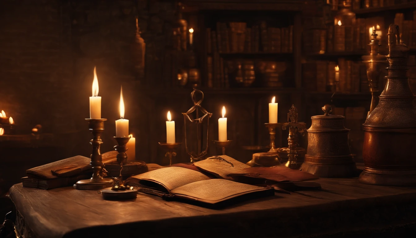 top-quality, ​masterpiece, ultra-detailliert, Alchemist's room, medieval times, natta, Lined utensils, Old Books, Candlelight, Magical, Suspicious atmosphere, dark ilumination