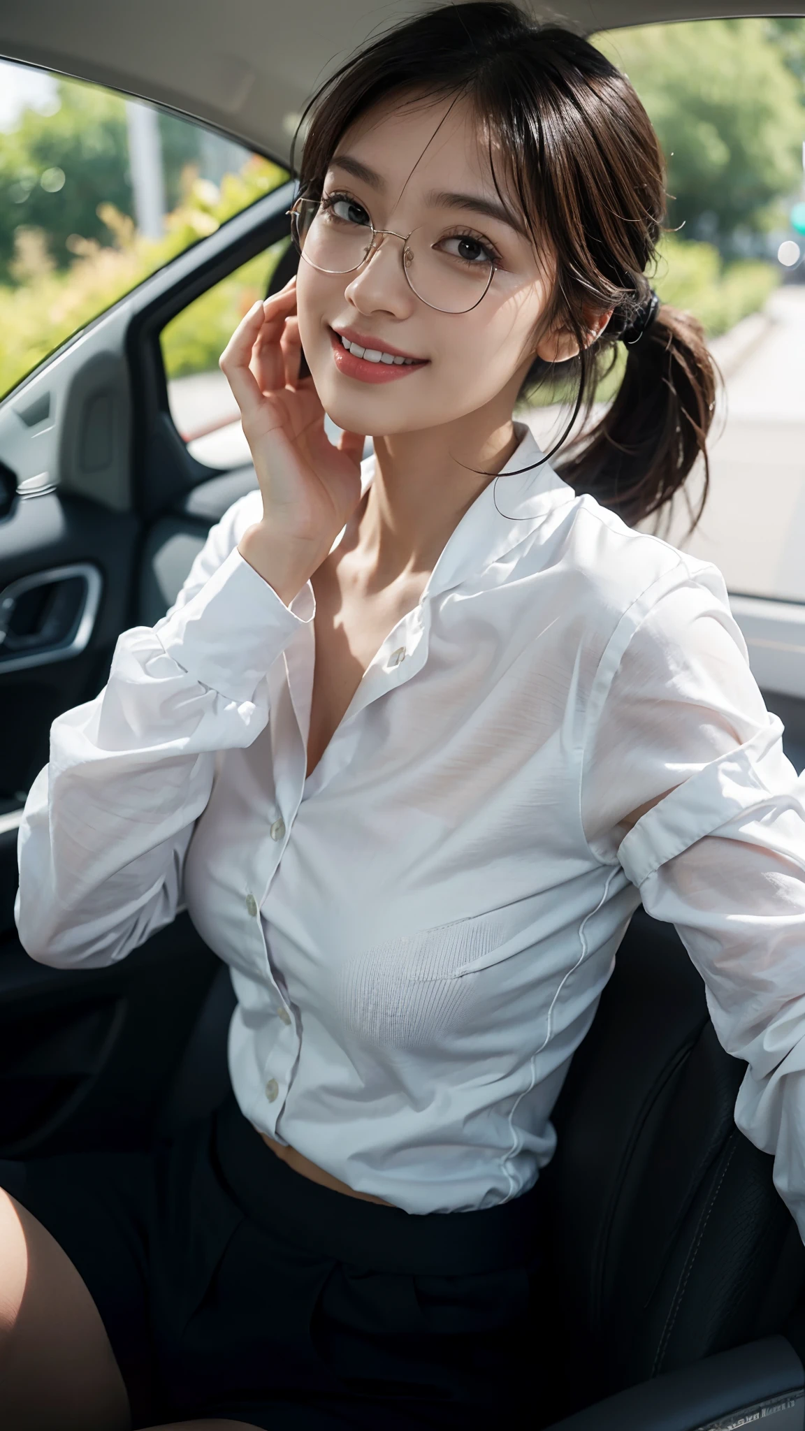 big underboob, (shoulder-length straighthair: 1.2), Black hair,Short ponytail，Upper body, （Extremely meticulous CG 8k wallpaper），（Extremely refined and beautiful），（Masterpiece），（best qualtiy：1.0），（Ultra High Resolution：1.0），beautiful light up，Perfect lightning，realistic shaded，[A high resolution]，Smooth and flawless fair skin，Extremely exquisite facial details，（perfect body：1.1），ultra - detailed，A beautiful girl，small head，(big breasts:1.1)，Flat chests，slim，thin，Smile，cheerfulness，collar，（light blue long sleeved suit shirt:1.1），（Black shorts：1.1），White sneakers，Summer，Morning，sitting in a spacious private car，A female driver，Place hands on the steering wheel，driving car，Wearing glasses, looking forward，Close Shot，