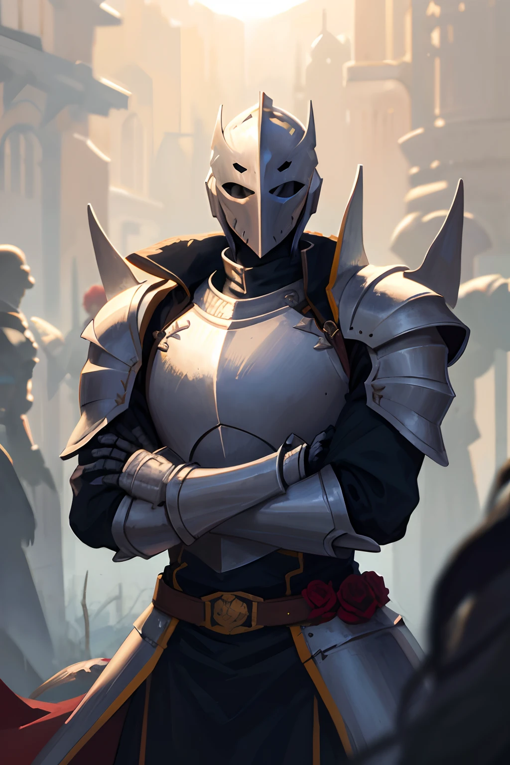 Original Character, Fantasy Concept Art, Volumetric Lighting, Best Shadows, Shallow Depth of Field, Portrait Of Noble Knight Man, Dignified, Delicate Tactical Heavy Armor, Opaque Visor, Face Armor, Pauldrons, Tasset Belt, Gauntlet, Poleyn, High Quality Armor Texture, Broad Shoulders, Extremely Tall. Sword Scabbard, Standing Tall, Crossed Arms, Looking At Viewer, Glaring Sunlight, Rose Garden, Rose Thornbush, (Highest Quality, Amazing Details:1.25), (Solo:1.3), Brilliant Colorful Paintings